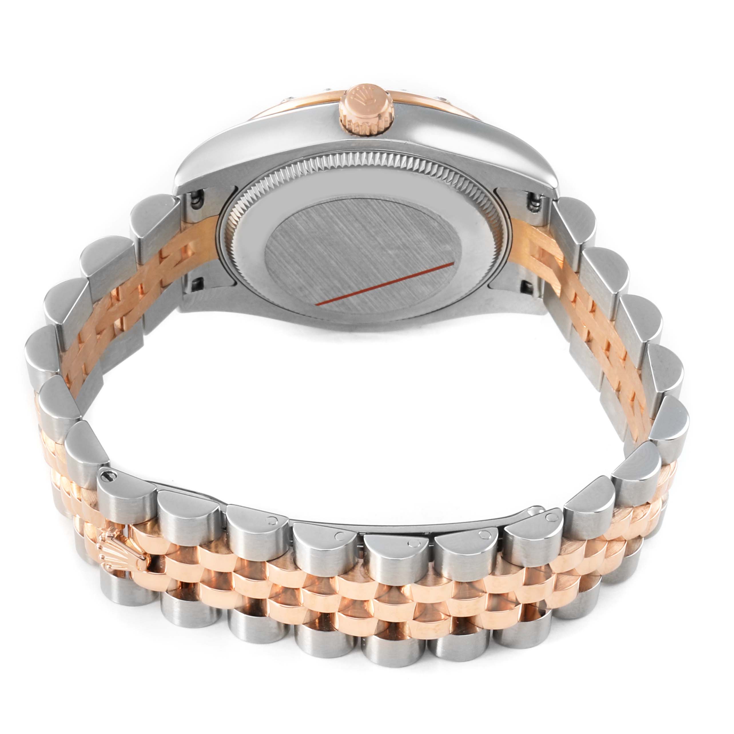 The image shows a side and back view of a Rolex Datejust 178341 Women's Steel and Gold (two tone) Mother of Pearl Dial watch, highlighting its case, crown, and two-tone bracelet.