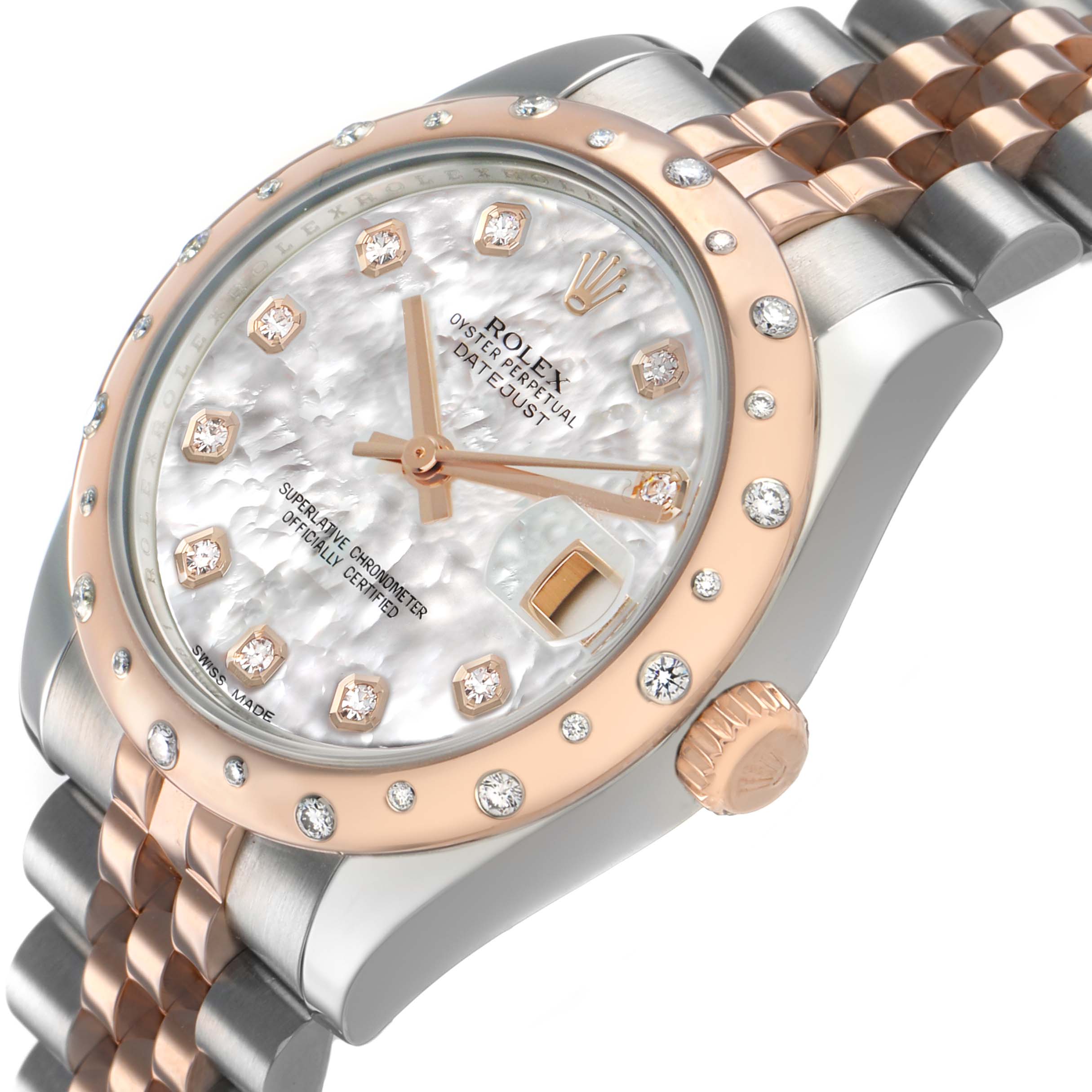The Rolex Datejust 178341 Women's Steel and Gold (two tone) Mother of Pearl Dial watch is shown at an angled view highlighting its face, bezel, crown, and part of the bracelet.