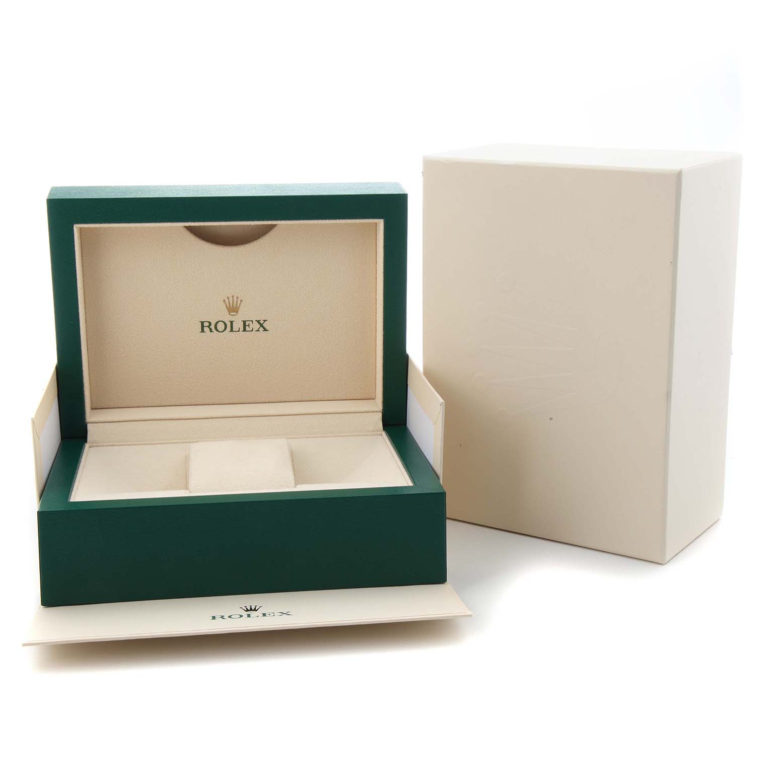 The image shows an open Rolex Datejust 178341 Women's Steel and Gold (two tone) Mother of Pearl Dial watch box at an angle, with a closed outer box beside it.