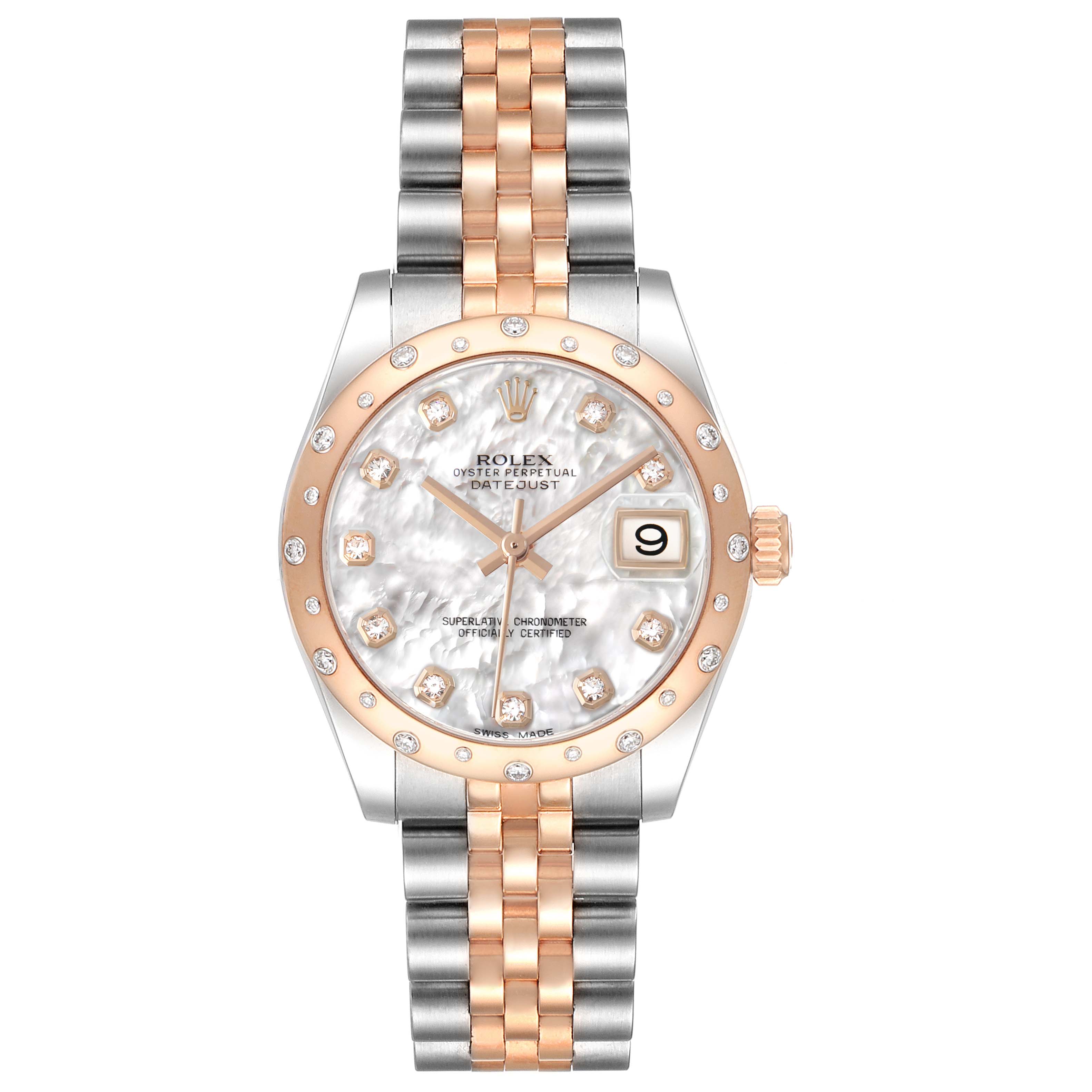 The Rolex Datejust 178341 Women's Steel and Gold (two tone) Mother of Pearl Dial watch is shown from a front angle, highlighting its face, bezel, crown, and two-tone bracelet.