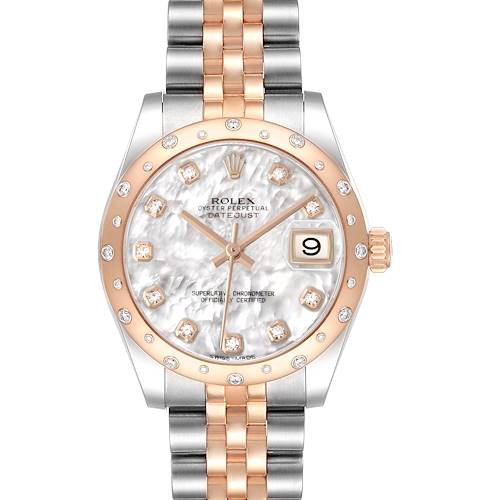 This Rolex Datejust 178341 Women's Steel and Gold (two tone) Mother of Pearl Dial watch is shown from the front, displaying the dial, bezel, crown, and part of the bracelet.