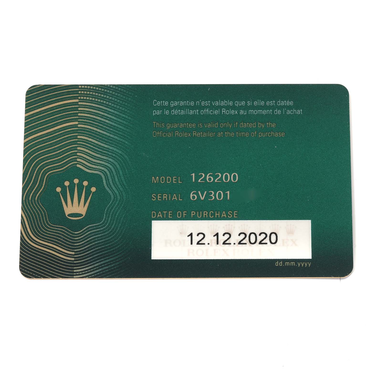 This image shows the guarantee card for a Rolex Datejust 126200 Men's Stainless Steel Blue Dial 126200 Men's Stainless Steel Blue Dial model 126200, providing serial number and date of purchase.