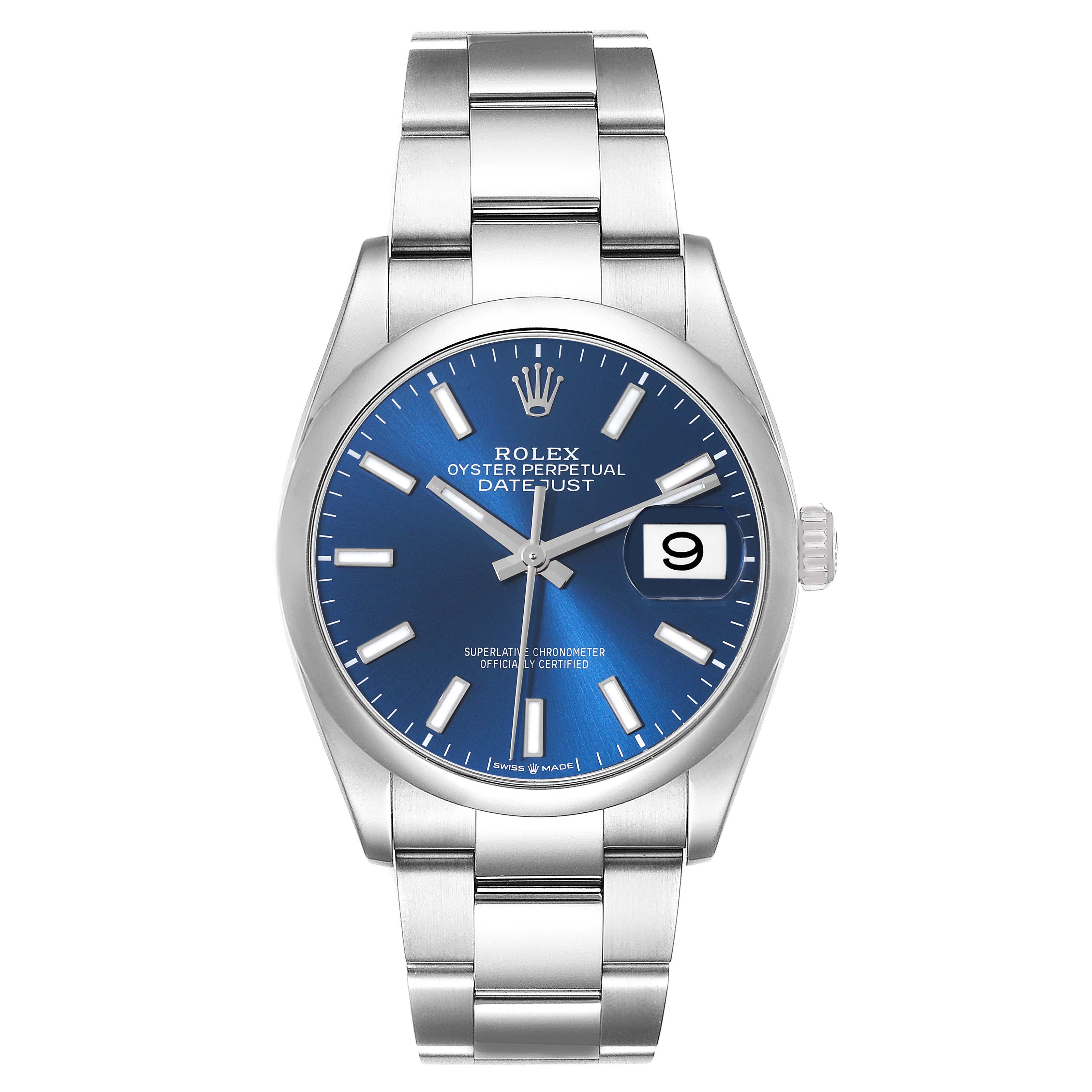 This image shows a front view of the Rolex Datejust 126200 Men's Stainless Steel Blue Dial 126200 Men's Stainless Steel Blue Dial watch, displaying its face, crown, and bracelet.