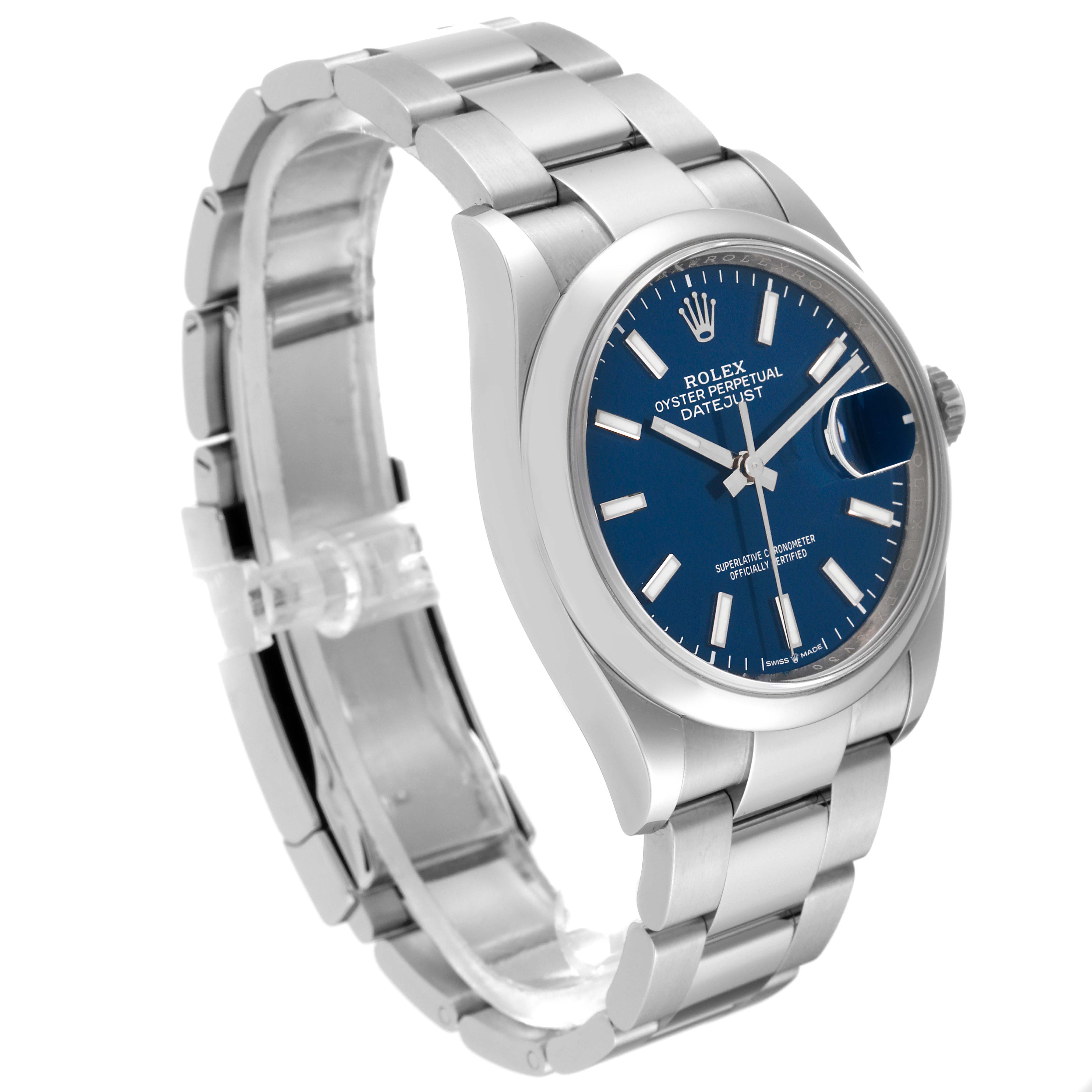 This image shows a Rolex Datejust 126200 Men's Stainless Steel Blue Dial 126200 Men's Stainless Steel Blue Dial watch at a three-quarter angle, highlighting its bracelet, case, and blue dial.