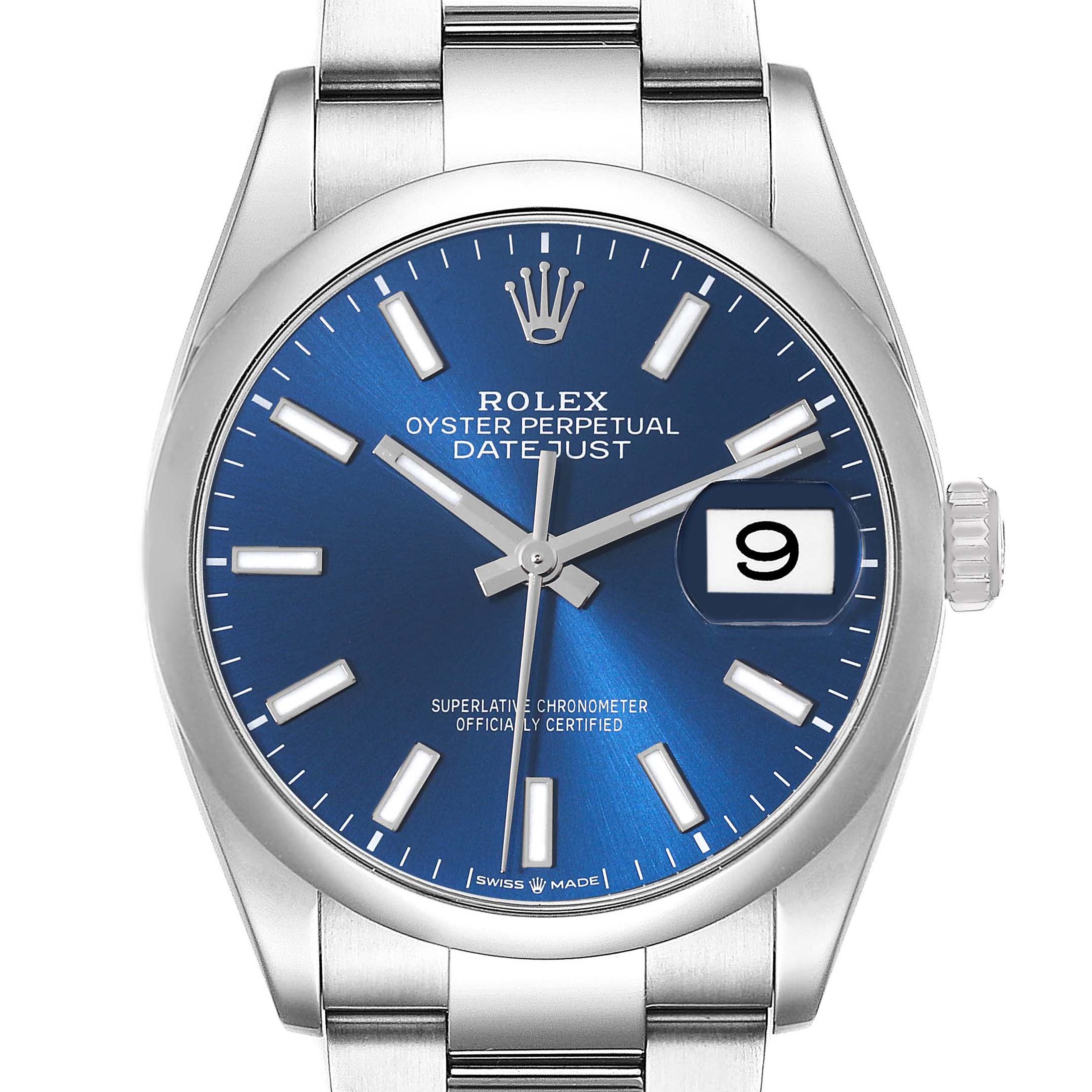 This Rolex Datejust 126200 Men's Stainless Steel Blue Dial 126200 Men's Stainless Steel Blue Dial watch is shown from a front angle, highlighting the blue dial, date window, and silver bracelet.