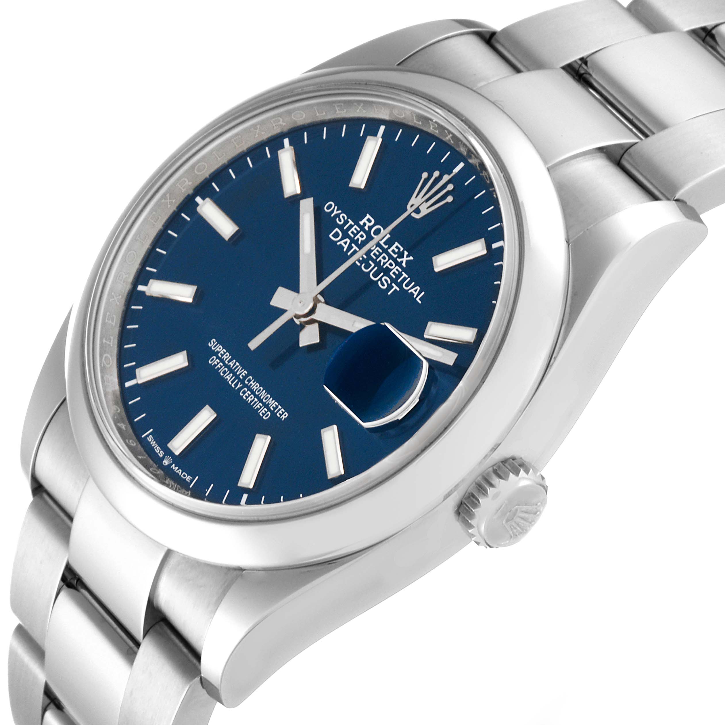The image shows a Rolex Datejust 126200 Men's Stainless Steel Blue Dial 126200 Men's Stainless Steel Blue Dial watch at a side angle, highlighting the blue dial, crown, and part of the bracelet.