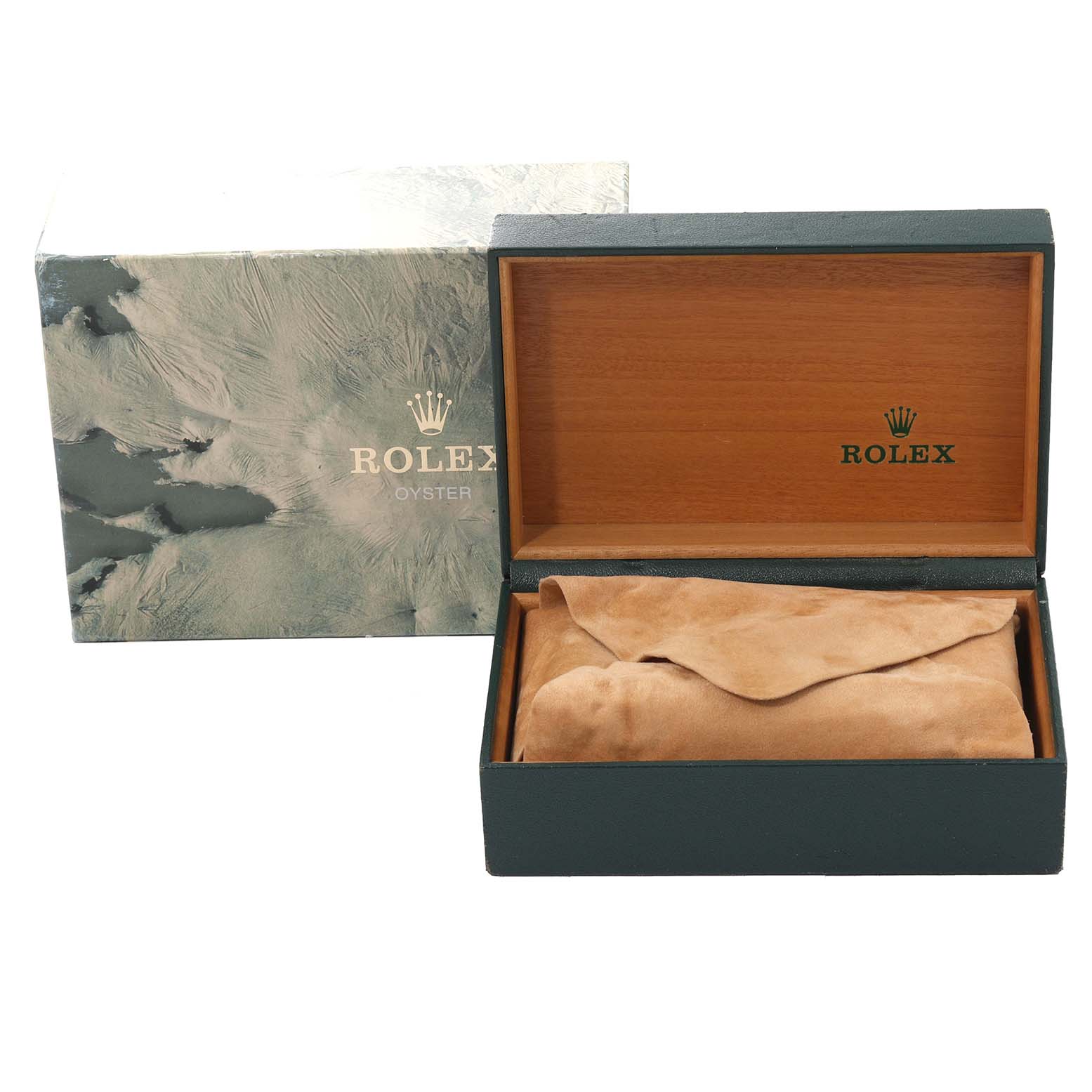 The image shows the packaging for a Rolex Datejust 16233 Men's Steel and Gold (two tone) Champagne Dial 16233 Men's Steel and Gold (two tone) Champagne Dial watch, including the outer box and an open inner box with a suede cover.