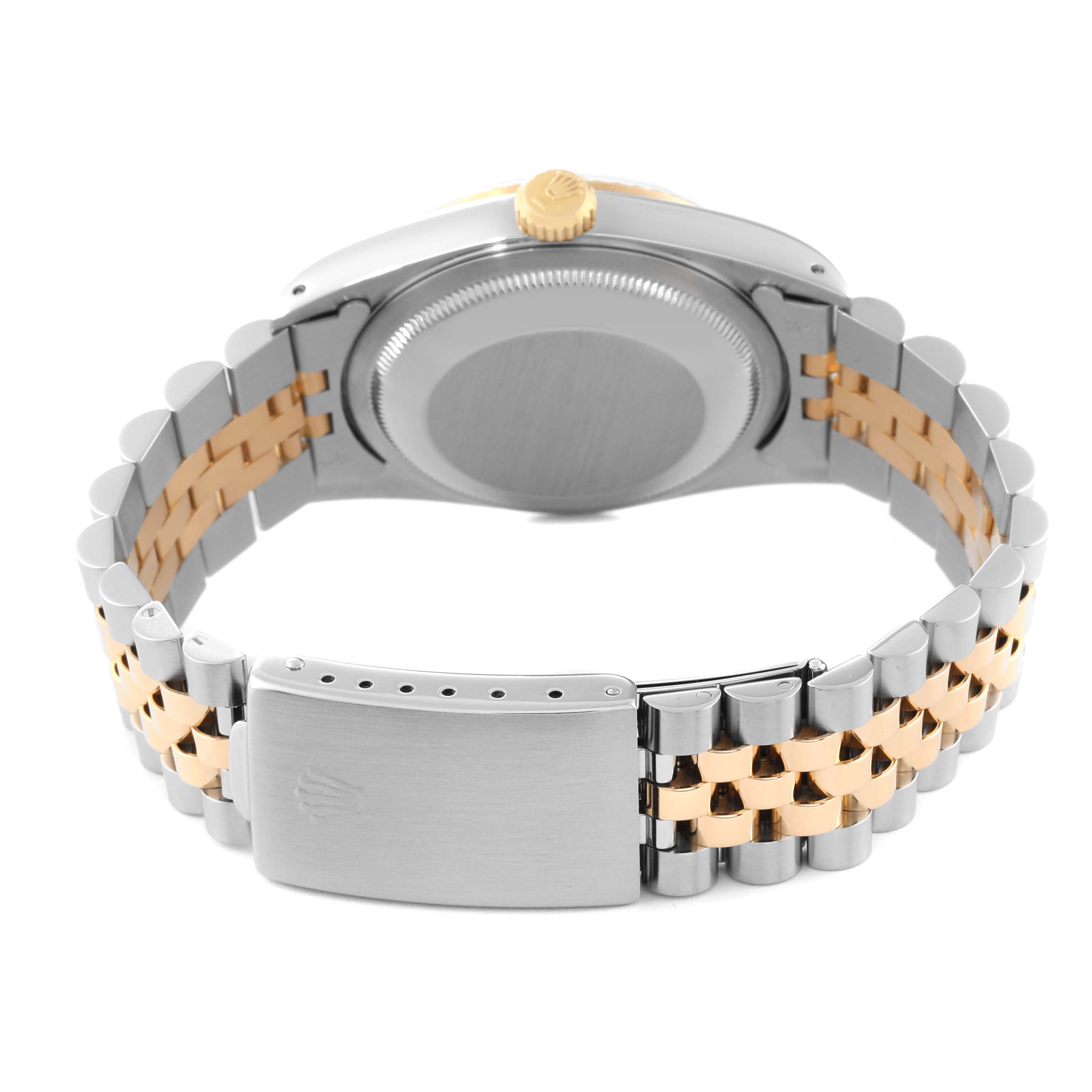 The image shows the back view of the Rolex Datejust 16233 Men's Steel and Gold (two tone) Champagne Dial 16233 Men's Steel and Gold (two tone) Champagne Dial watch, highlighting its case back, jubilee bracelet, and clasp.