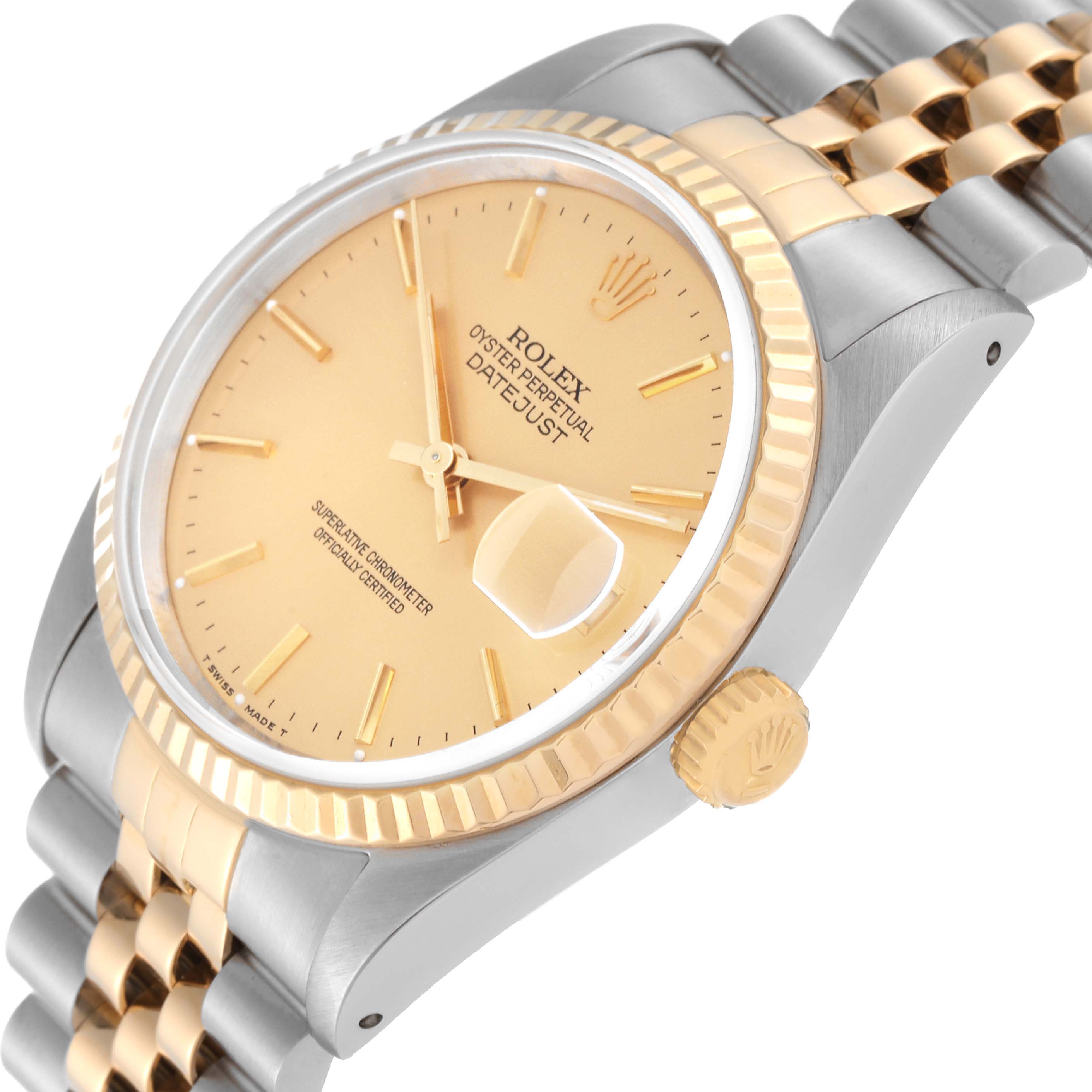 The Rolex Datejust 16233 Men's Steel and Gold (two tone) Champagne Dial 16233 Men's Steel and Gold (two tone) Champagne Dial watch is shown at a slight angle, highlighting the face, fluted bezel, crown, and part of the bracelet.