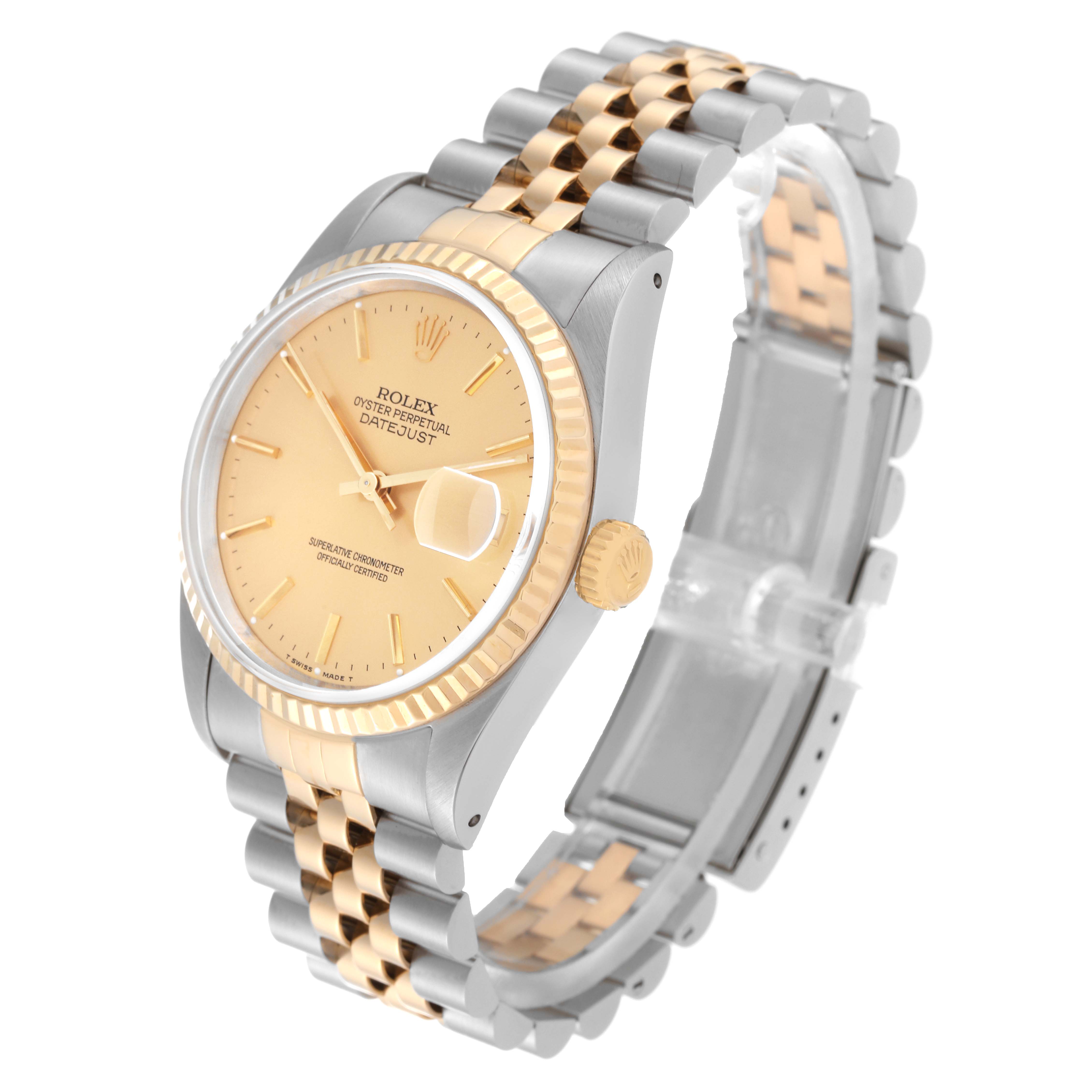 The image shows a Rolex Datejust 16233 Men's Steel and Gold (two tone) Champagne Dial 16233 Men's Steel and Gold (two tone) Champagne Dial watch at an angle highlighting the dial, crown, bezel, and two-tone bracelet.
