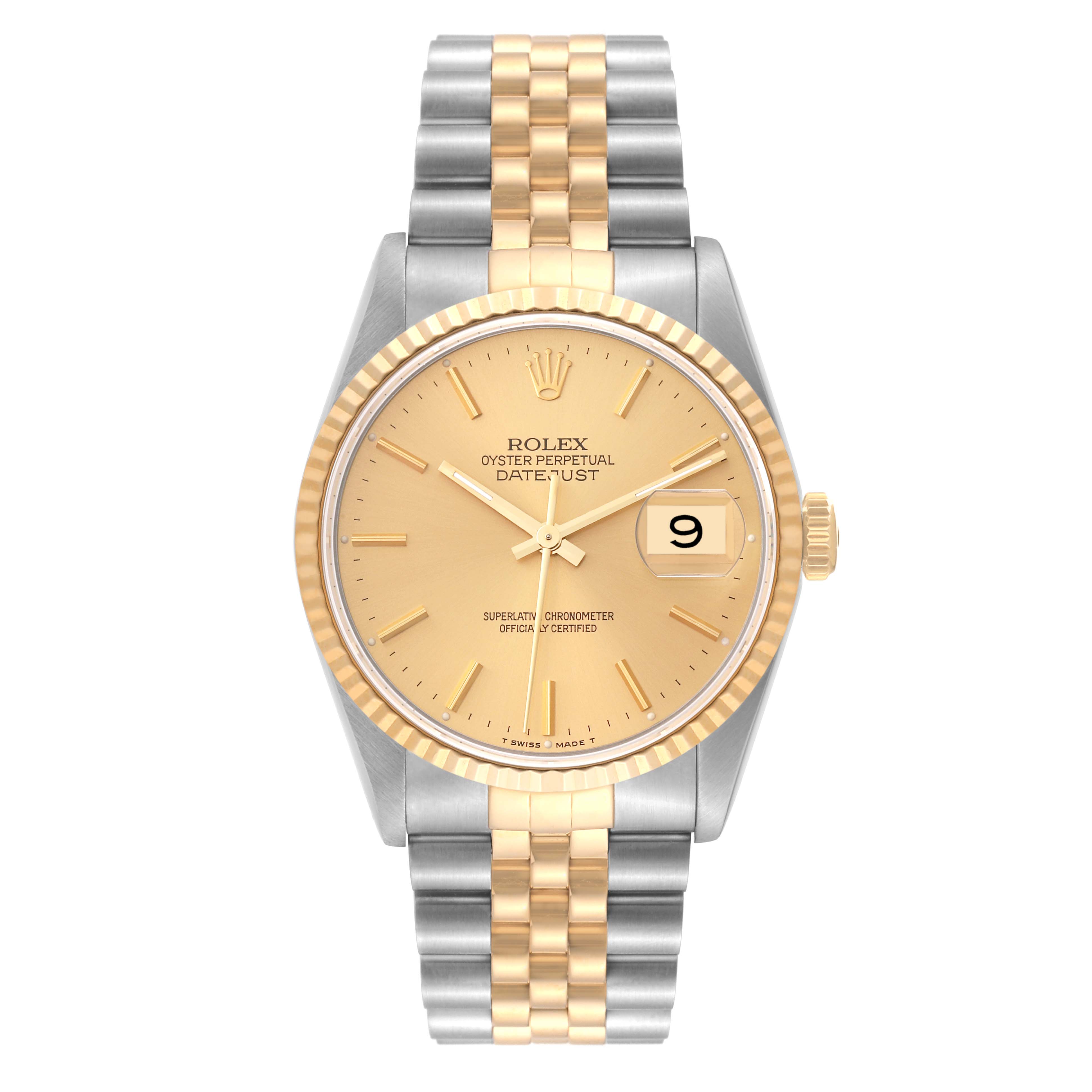 The image shows a frontal view of a Rolex Datejust 16233 Men's Steel and Gold (two tone) Champagne Dial 16233 Men's Steel and Gold (two tone) Champagne Dial watch, highlighting its gold and stainless steel bracelet, and the date display.