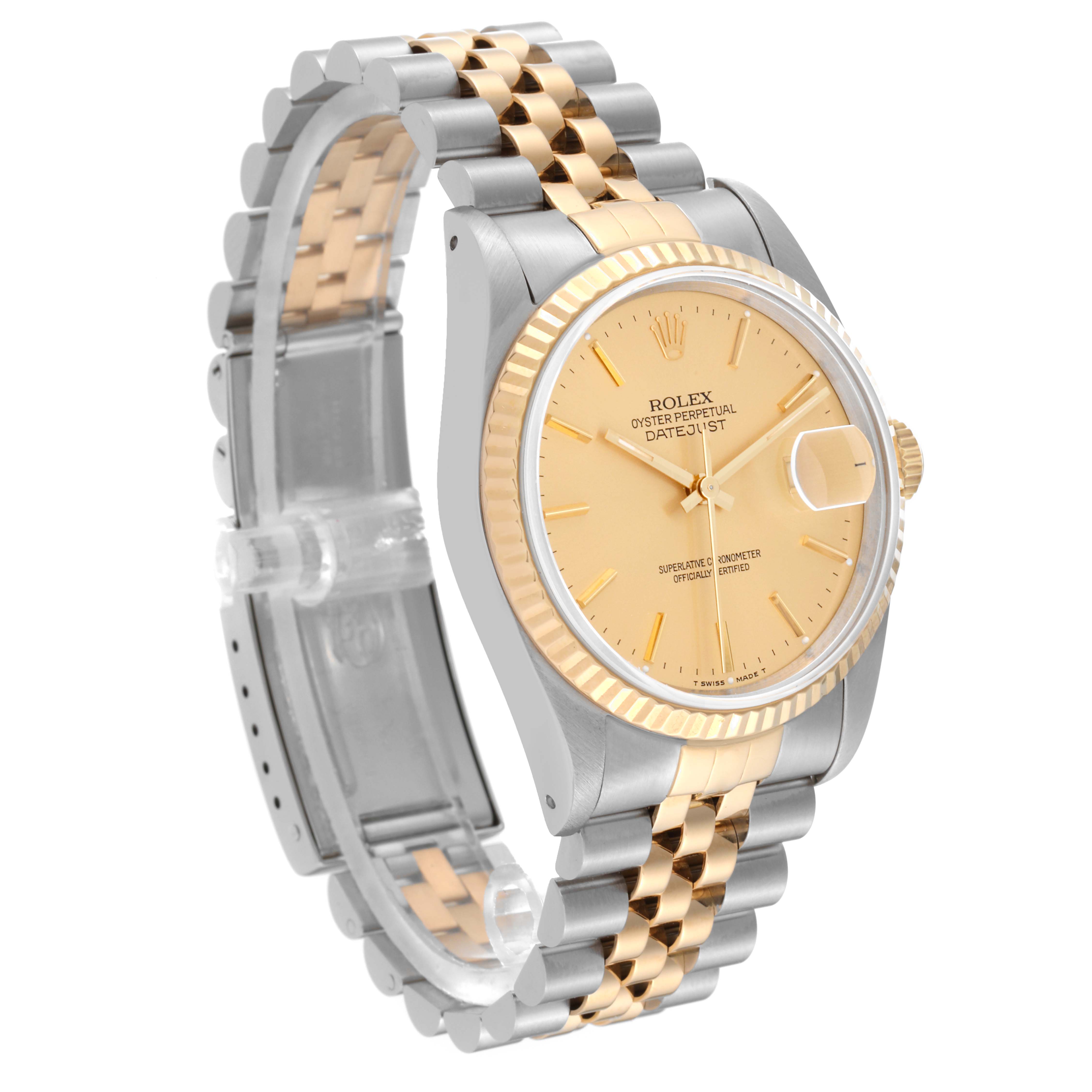 This Rolex Datejust 16233 Men's Steel and Gold (two tone) Champagne Dial 16233 Men's Steel and Gold (two tone) Champagne Dial watch is shown at an angle, displaying its face, case, and two-tone bracelet.
