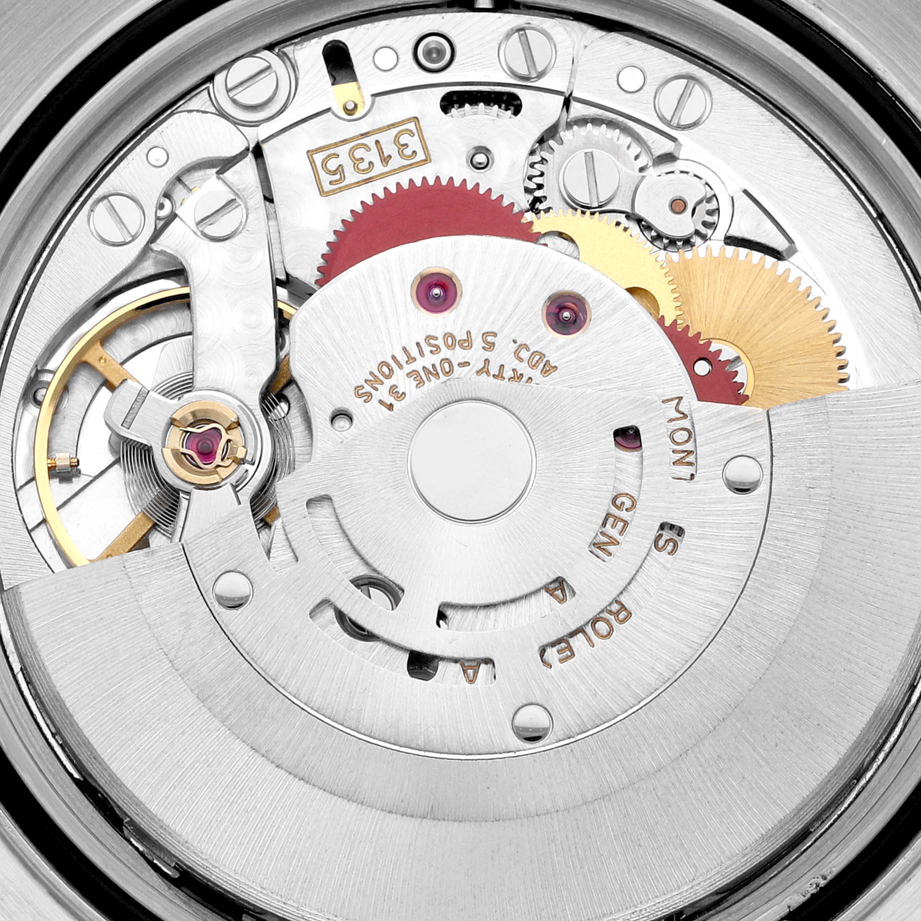 This image shows the intricate movement components of a Rolex Datejust 16233 Men's Steel and Gold (two tone) Champagne Dial 16233 Men's Steel and Gold (two tone) Champagne Dial watch from an internal angle.