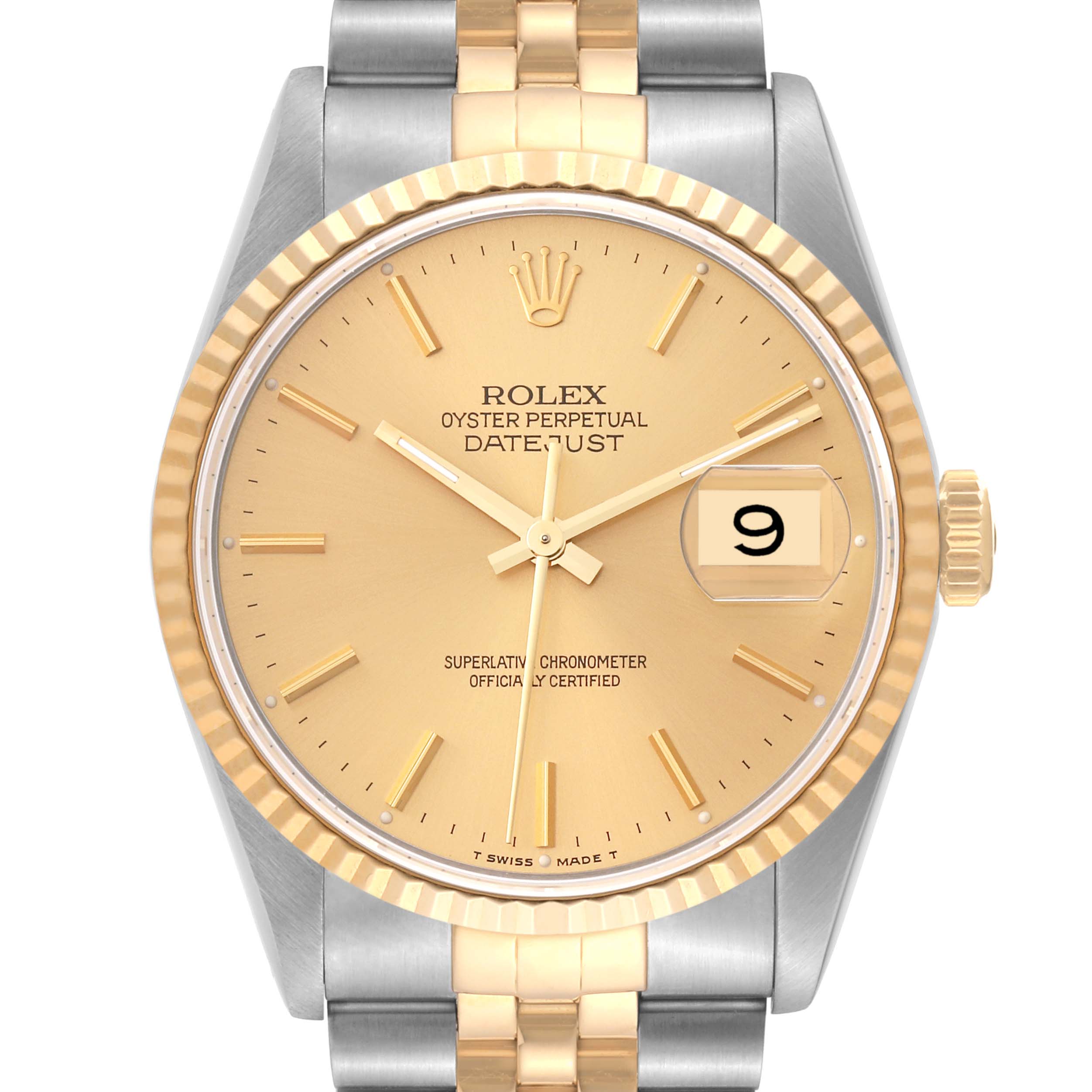 The image shows a front view of a Rolex Datejust 16233 Men's Steel and Gold (two tone) Champagne Dial 16233 Men's Steel and Gold (two tone) Champagne Dial watch, featuring its gold dial, fluted bezel, and two-tone bracelet.