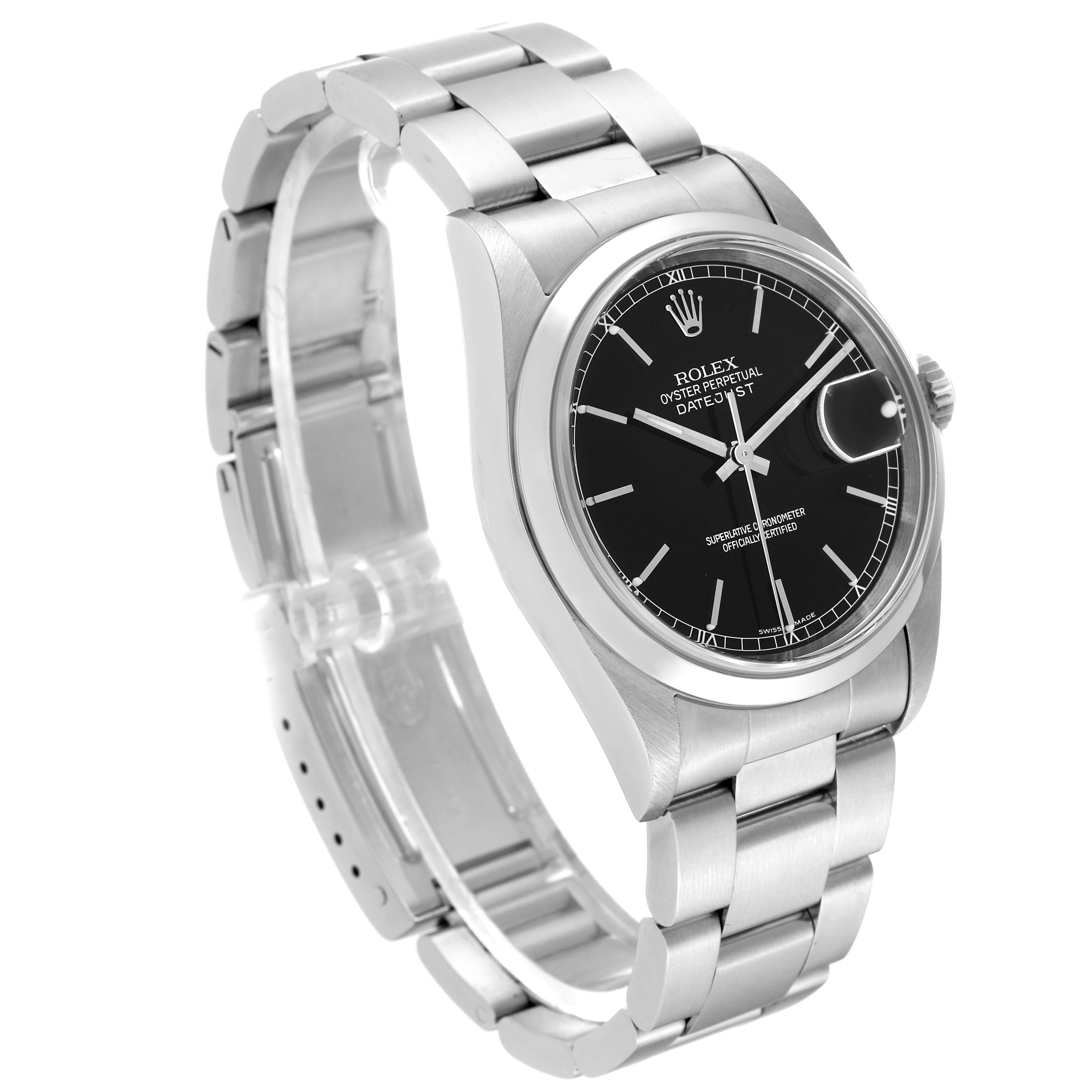 This image shows a Rolex Datejust 16200 Men's Stainless Steel Black Dial 16200 Men's Stainless Steel Black Dial watch from an angled side view, displaying the bracelet, dial, and bezel.