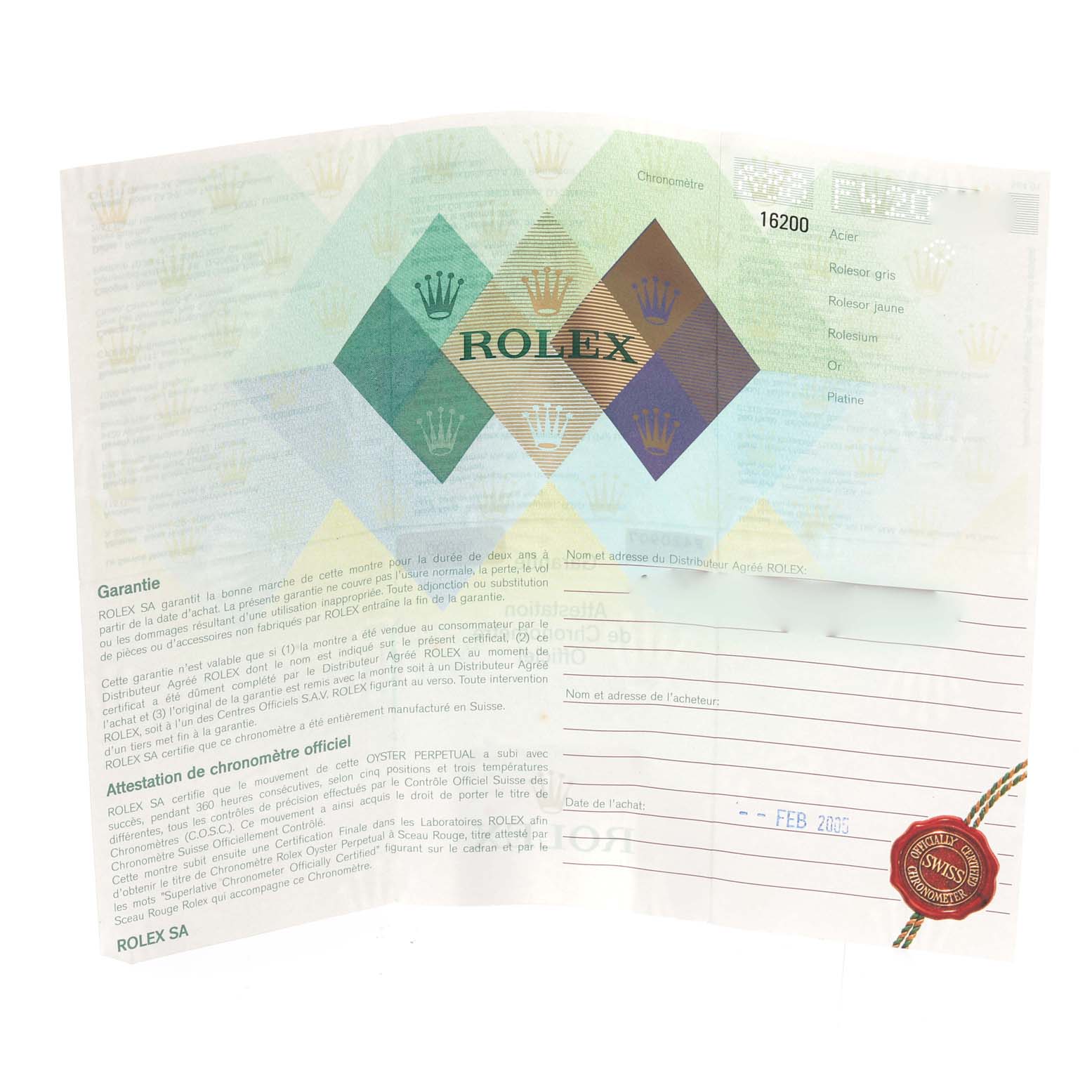 The image shows the warranty card for the Rolex Datejust 16200 Men's Stainless Steel Black Dial 16200 Men's Stainless Steel Black Dial model, including official Rolex branding and details about the watch.