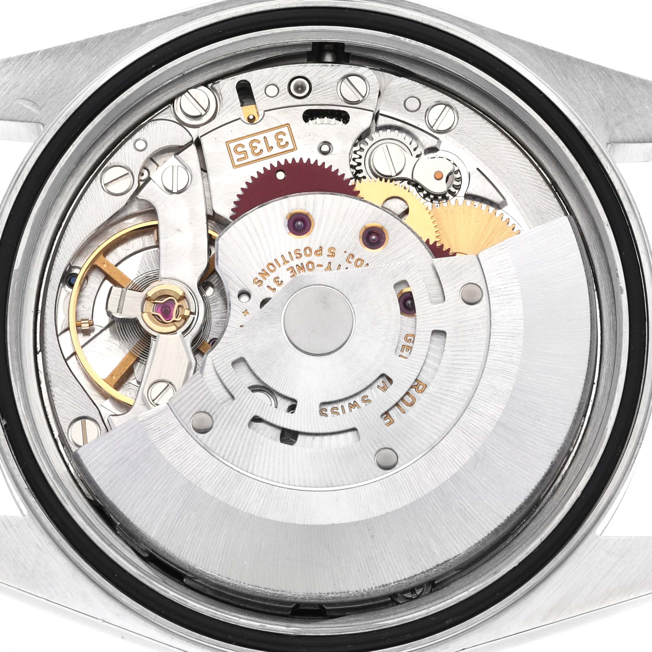 This image shows the internal automatic movement parts of a Rolex Datejust 16200 Men's Stainless Steel Black Dial 16200 Men's Stainless Steel Black Dial watch viewed from the back of the case.