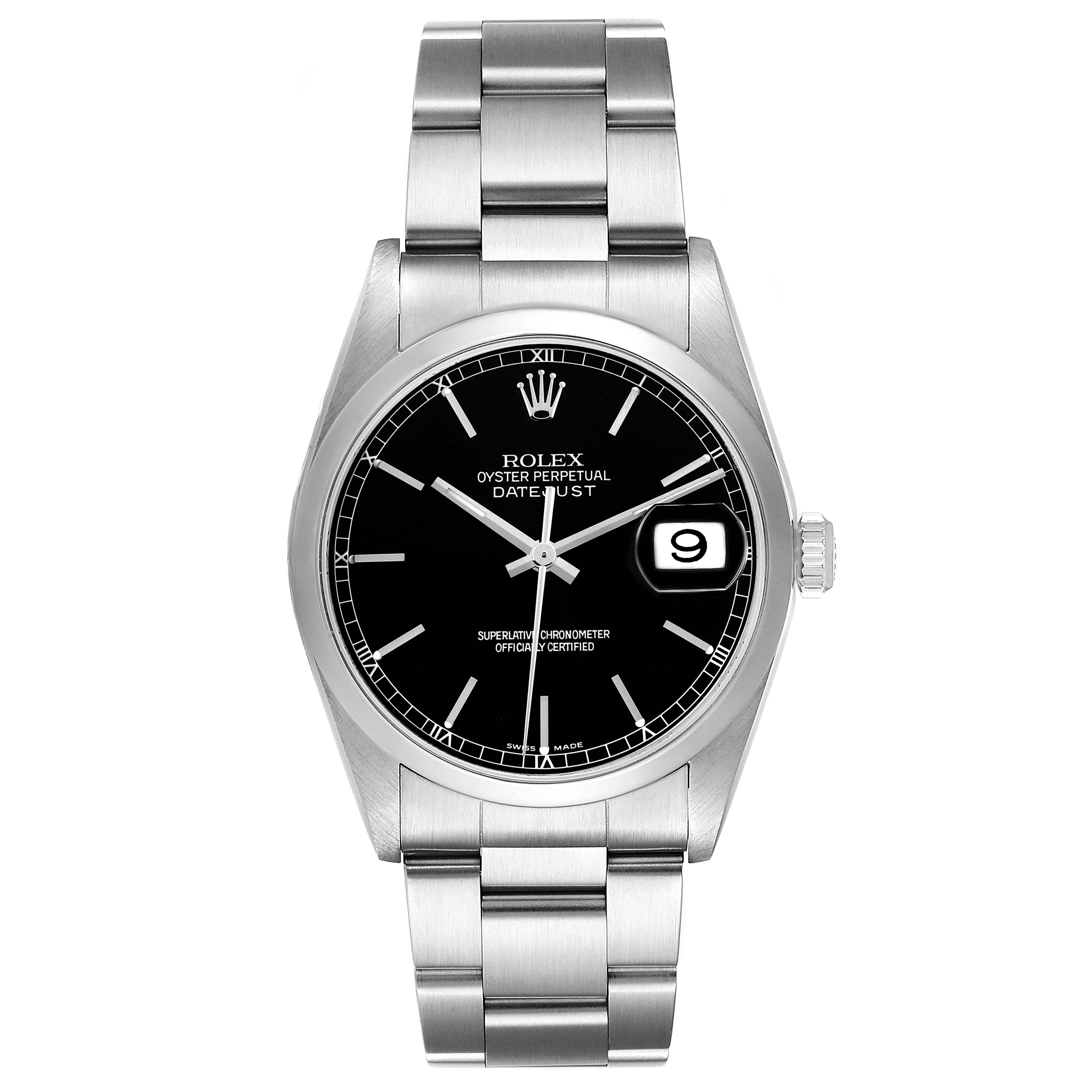The image shows a front view of a Rolex Datejust 16200 Men's Stainless Steel Black Dial 16200 Men's Stainless Steel Black Dial watch with a black dial, date window, and stainless steel bracelet.