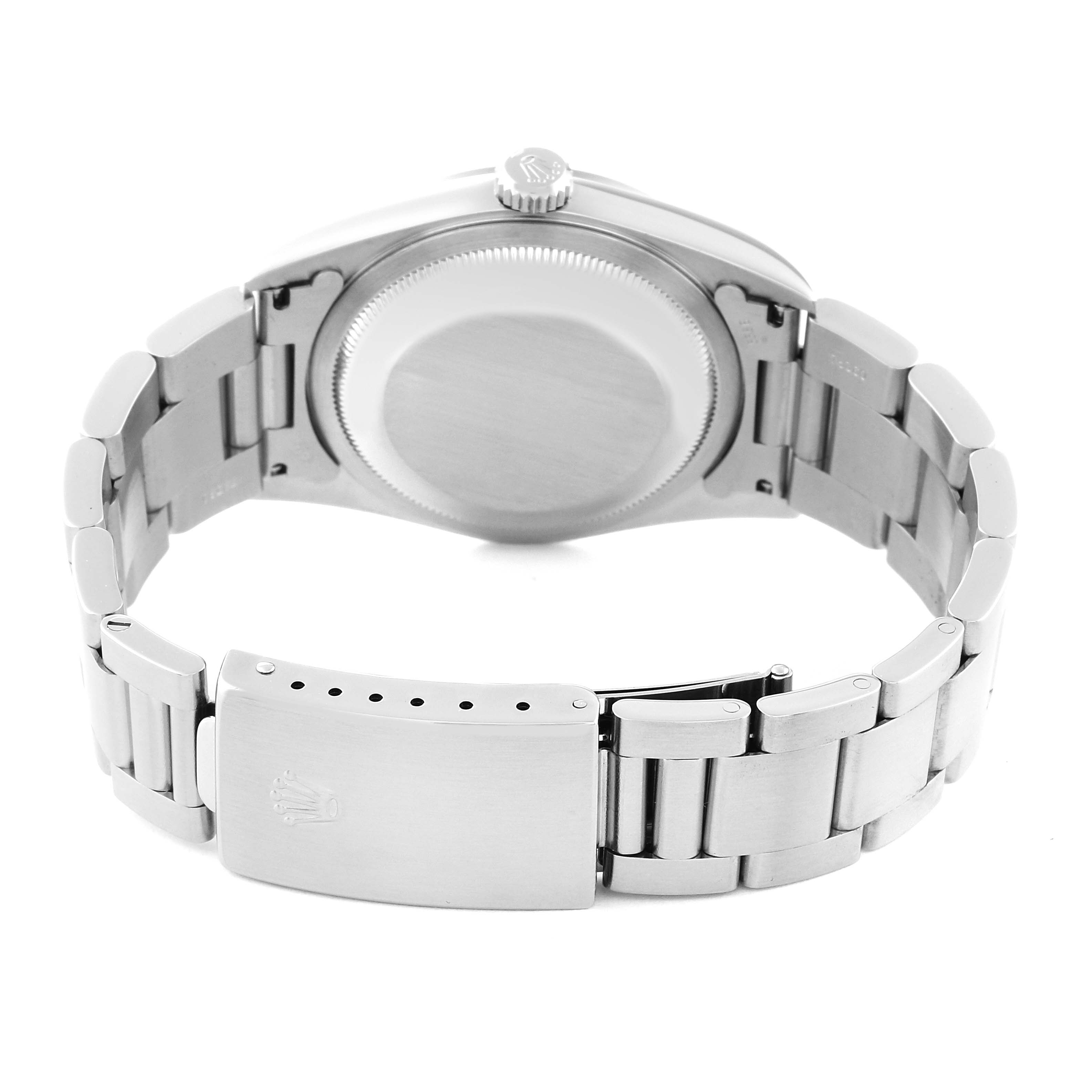 The image shows the back case, crown, and bracelet of a Rolex Datejust 16200 Men's Stainless Steel Black Dial 16200 Men's Stainless Steel Black Dial watch from a rear angle.