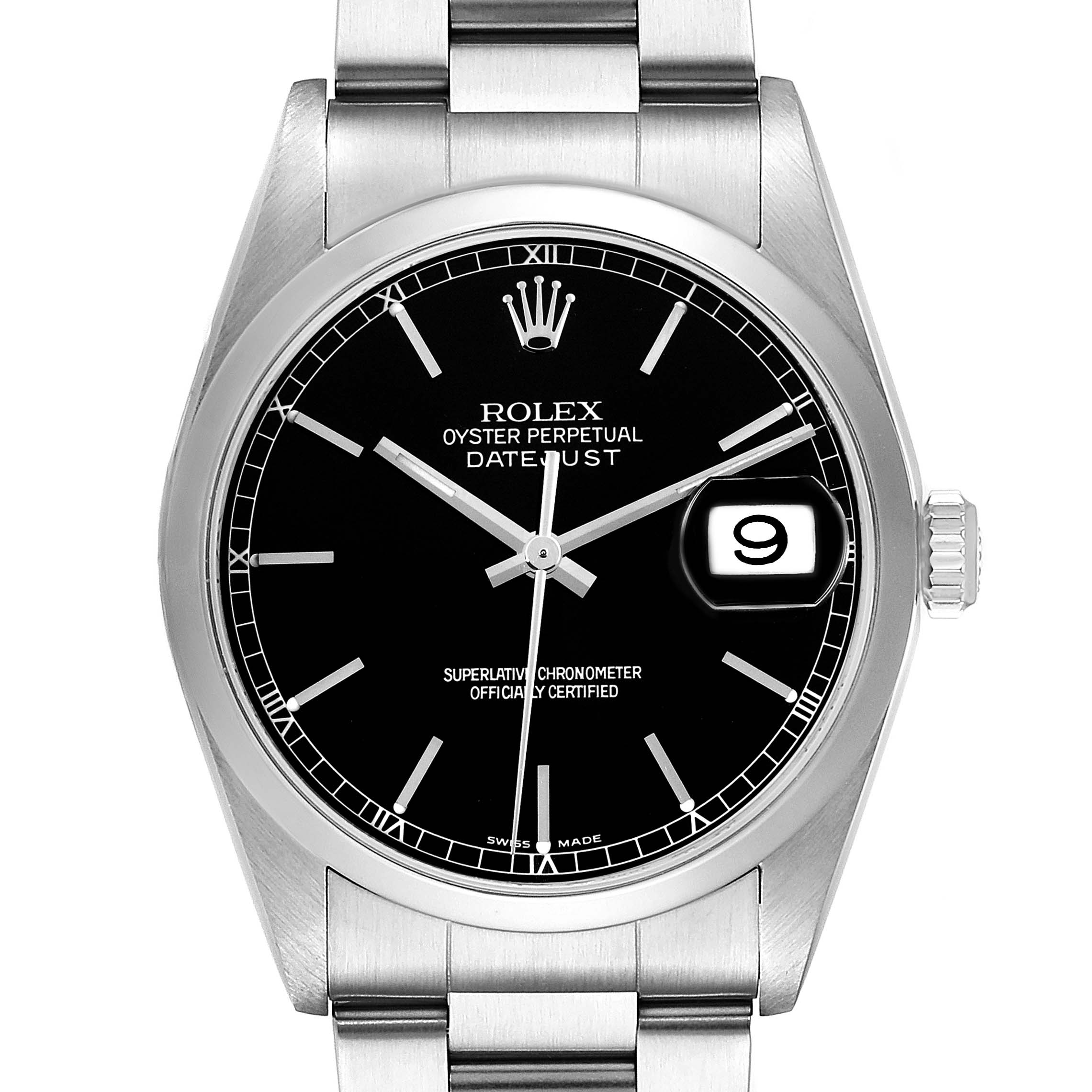 The image shows the face and bracelet of a Rolex Datejust 16200 Men's Stainless Steel Black Dial 16200 Men's Stainless Steel Black Dial watch, viewed from the front.