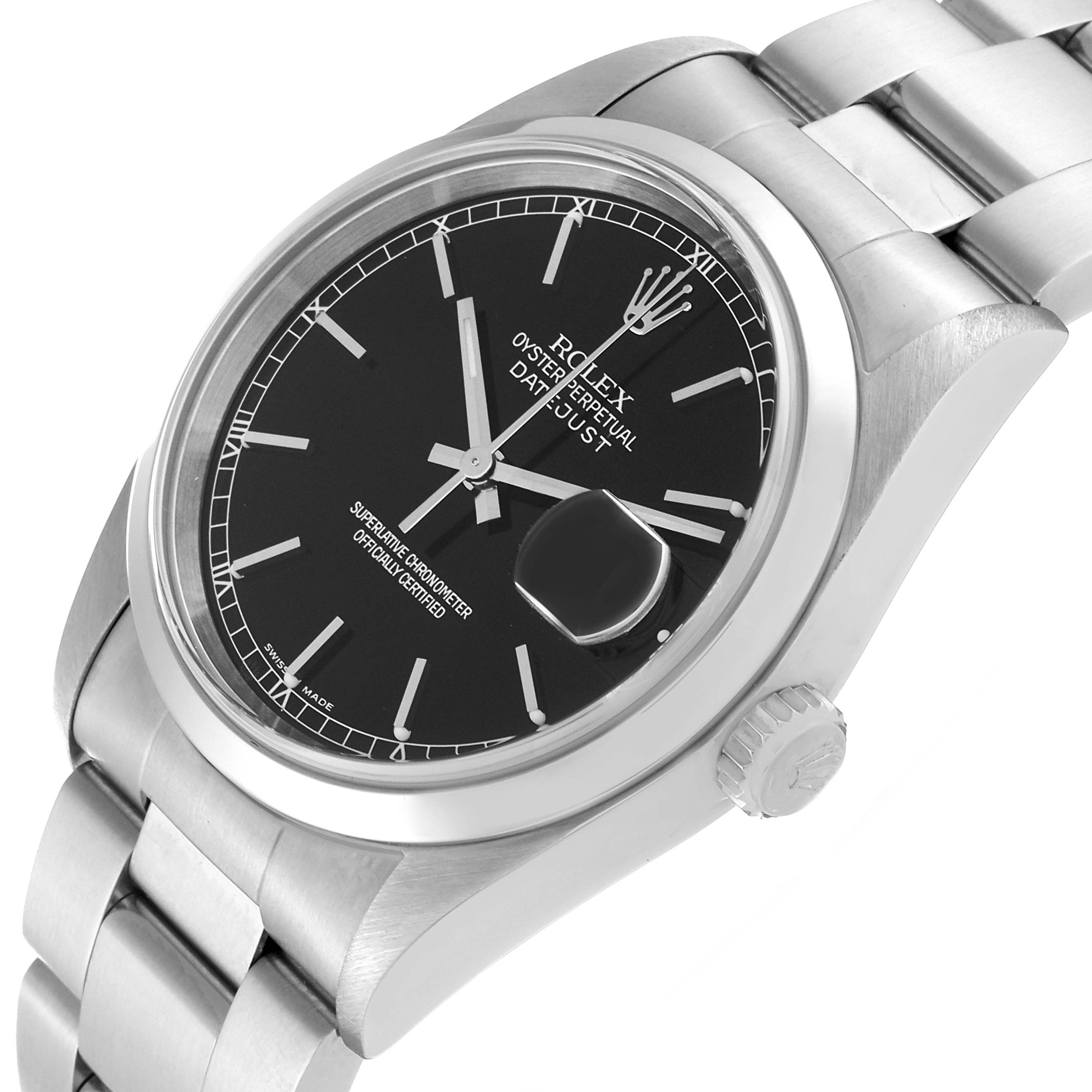 The image shows a Rolex Datejust 16200 Men's Stainless Steel Black Dial 16200 Men's Stainless Steel Black Dial model watch at an angled view, featuring the dial, bezel, crown, and bracelet.