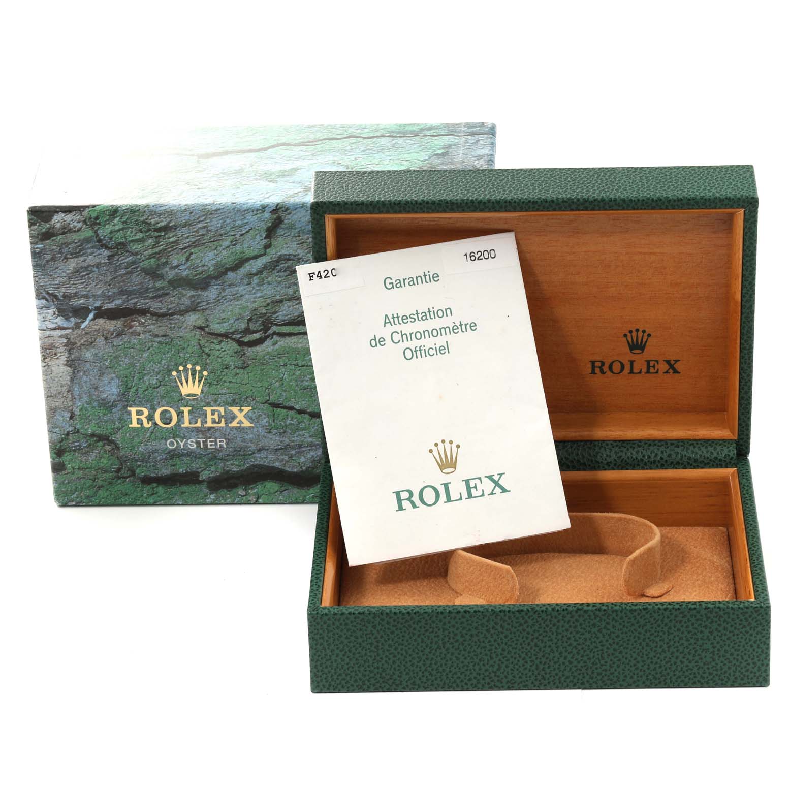 This image shows the Rolex Datejust 16200 Men's Stainless Steel Black Dial 16200 Men's Stainless Steel Black Dial watch's packaging, including the green box, inner box, and guarantee booklet.