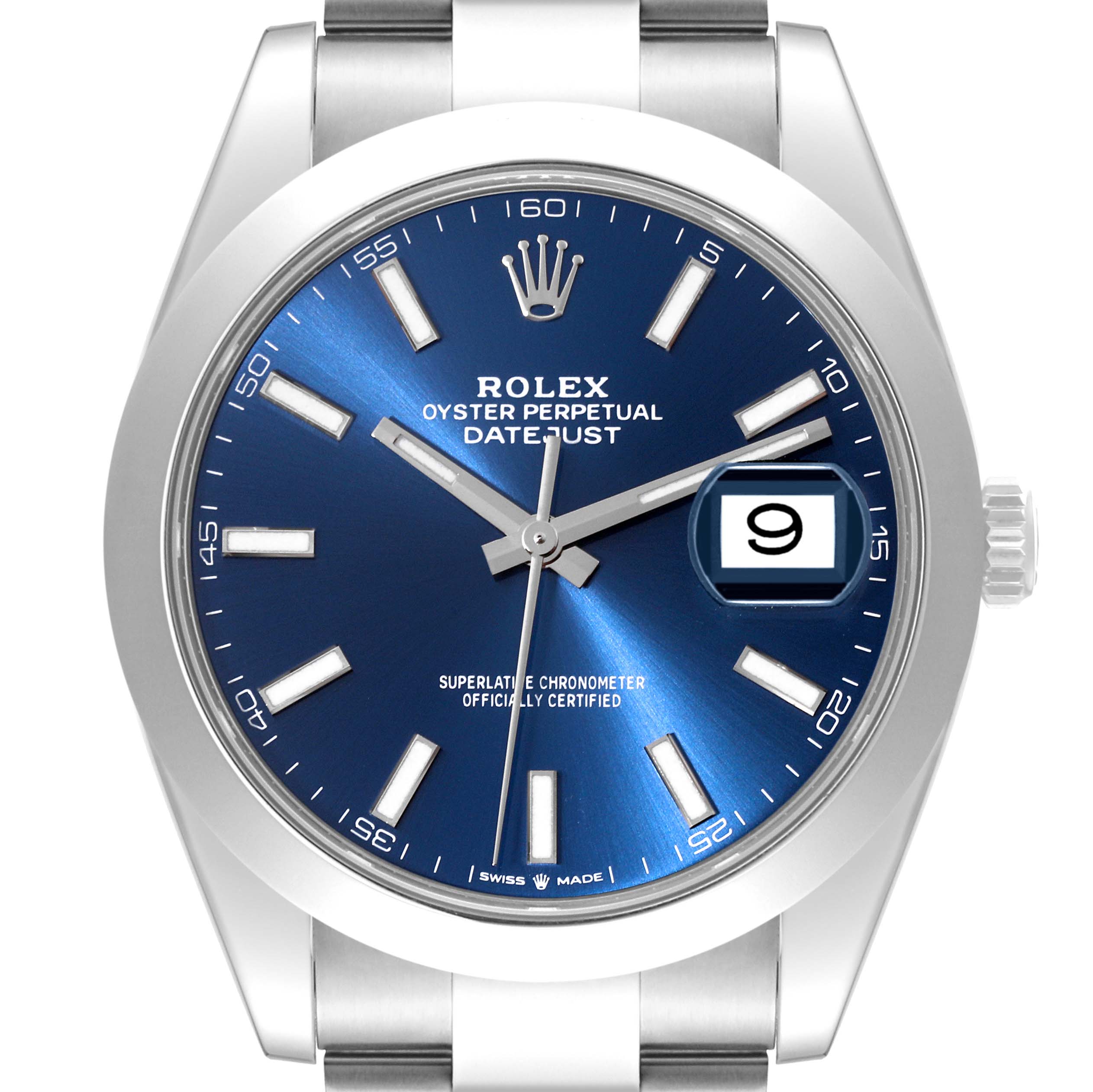 The image shows a front view of a Rolex Datejust 41 126300 Men's Stainless Steel Blue Dial 126300 Men's Stainless Steel Blue Dial watch with a blue dial, stainless steel bezel, and bracelet.