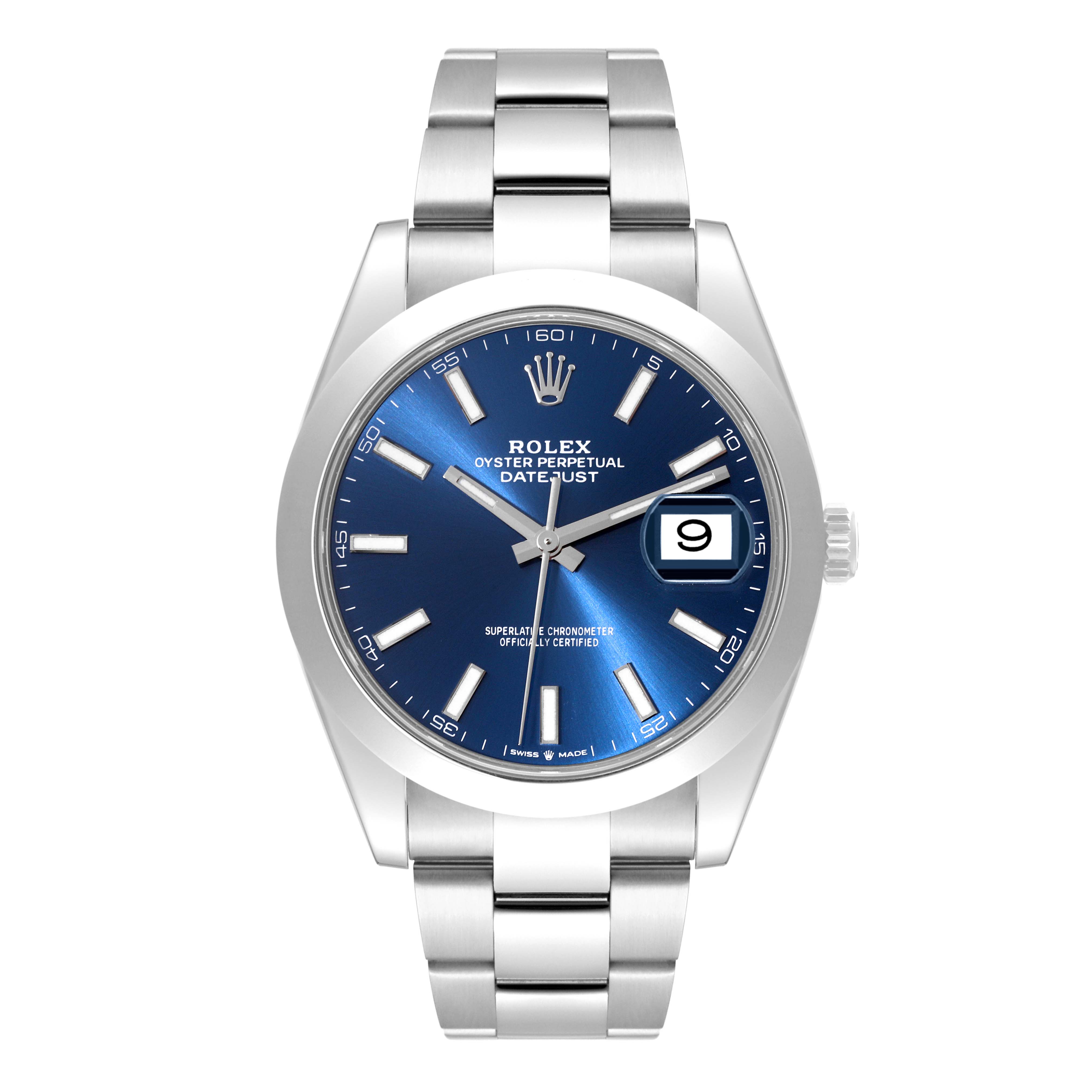 The image shows a Rolex Datejust 41 126300 Men's Stainless Steel Blue Dial 126300 Men's Stainless Steel Blue Dial watch from a front angle displaying the face, hands, date window, and bracelet.
