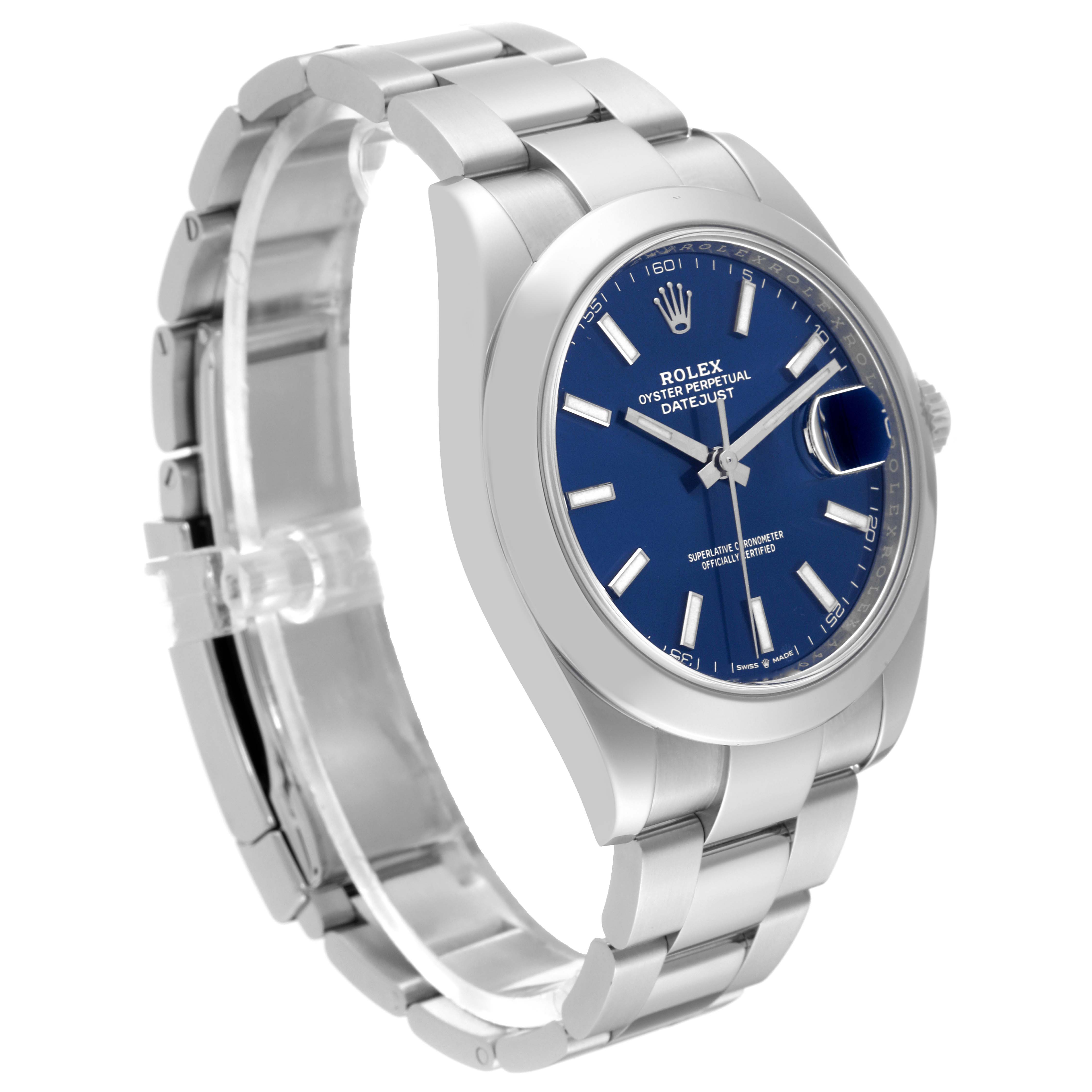 The image shows a side angle of a Rolex Datejust 41 126300 Men's Stainless Steel Blue Dial 126300 Men's Stainless Steel Blue Dial watch, highlighting the bracelet, case, and blue dial.