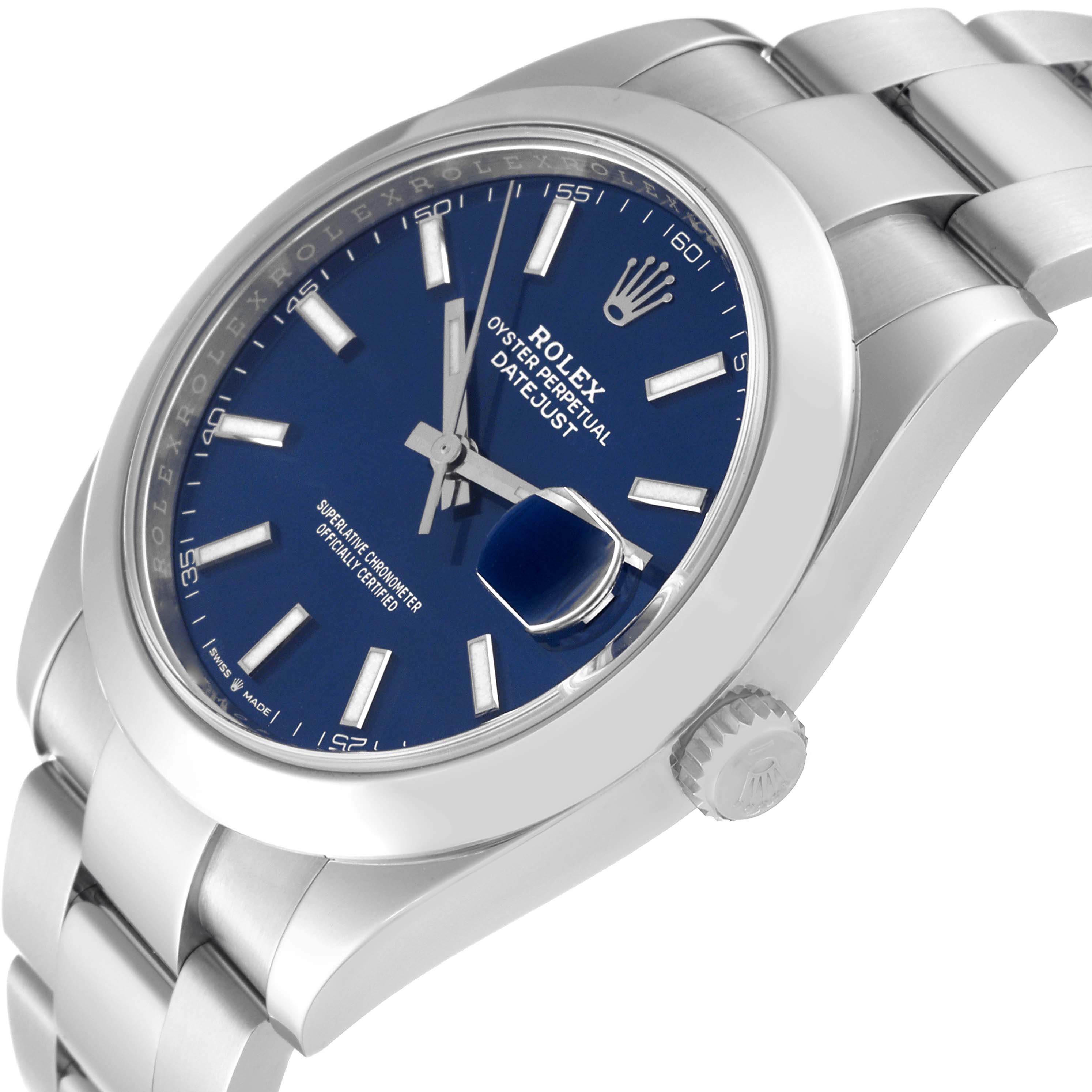 The image shows a Rolex Datejust 41 126300 Men's Stainless Steel Blue Dial 126300 Men's Stainless Steel Blue Dial watch from a side angle, highlighting the blue dial, markers, case, and band.