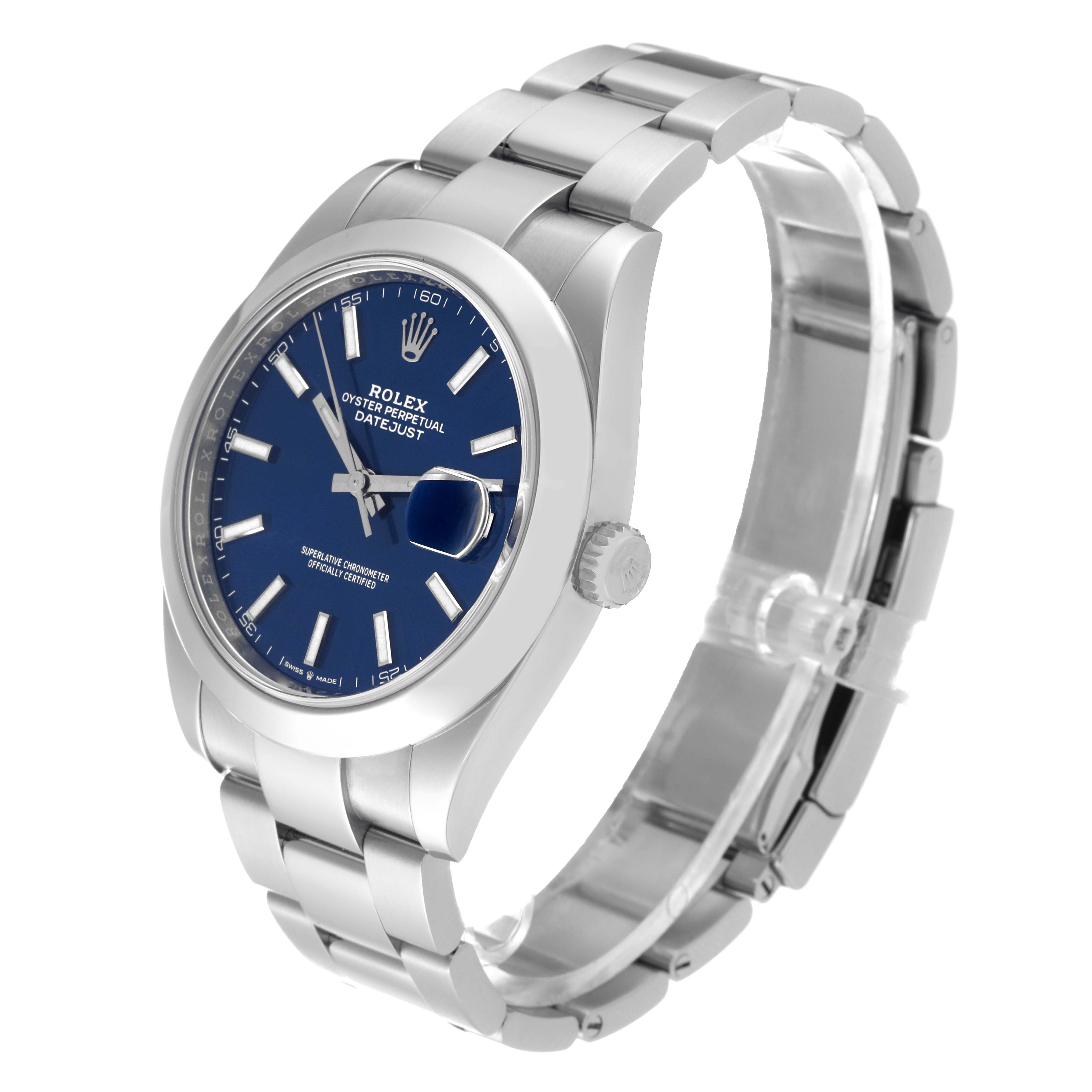The image shows a Rolex Datejust 41 126300 Men's Stainless Steel Blue Dial 126300 Men's Stainless Steel Blue Dial model watch from an angled side view, highlighting the face, bezel, and bracelet.