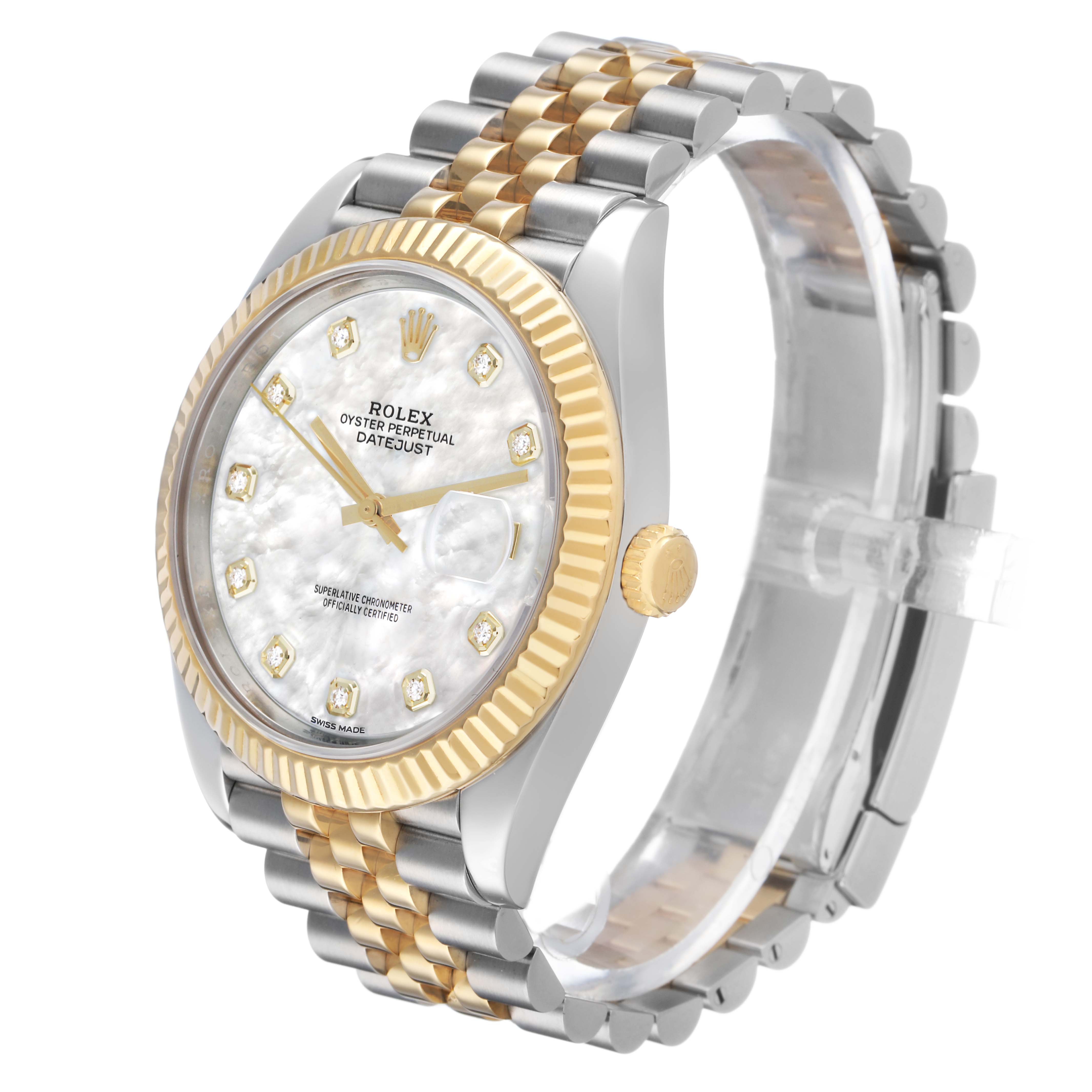 The Rolex Datejust 41 126333 Men's Steel and Gold (two tone) Mother of Pearl Dial watch is shown at a three-quarter angle, displaying the face, bezel, crown, and jubilee bracelet.