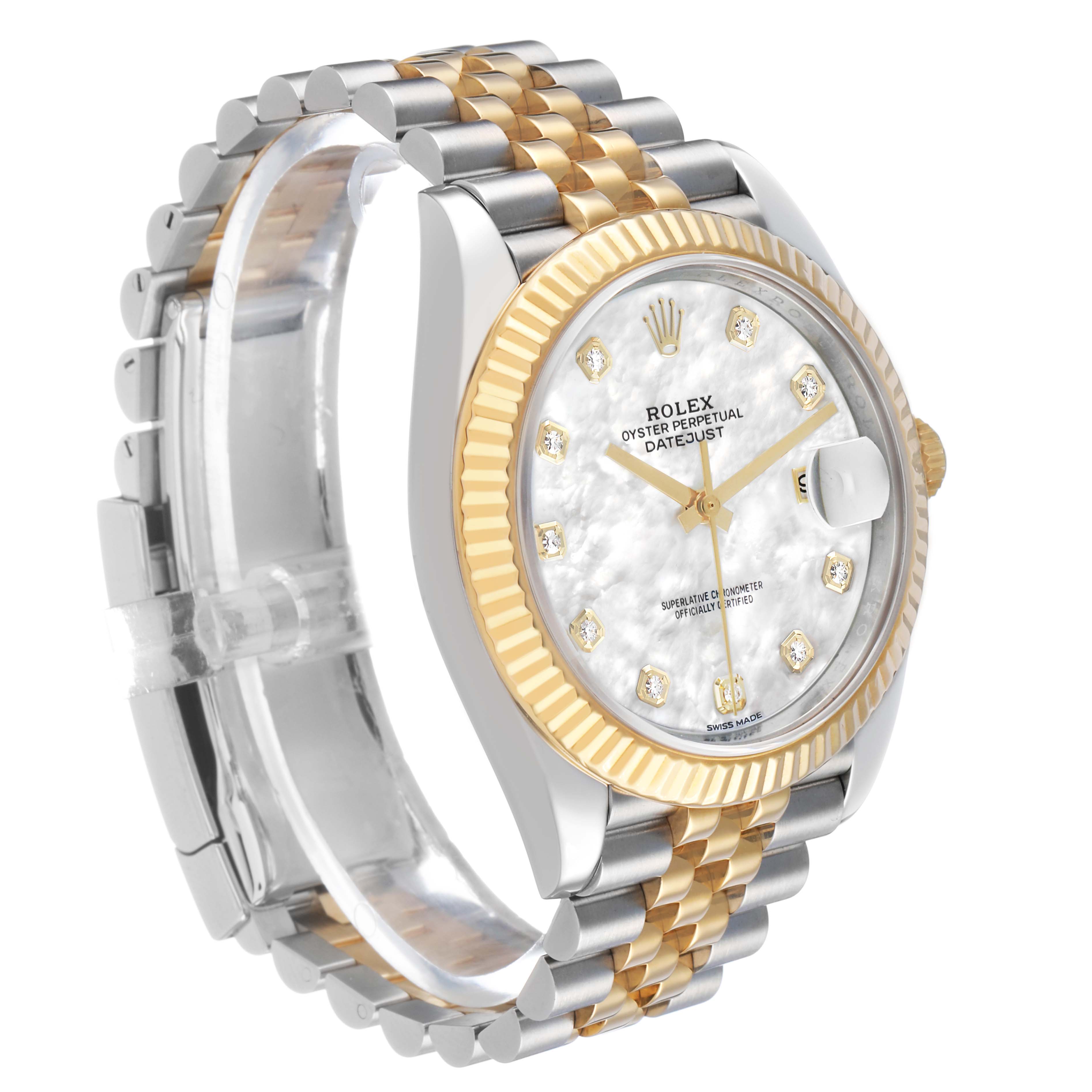 The Rolex Datejust 41 126333 Men's Steel and Gold (two tone) Mother of Pearl Dial is shown from a side angle, highlighting its jubilee bracelet, fluted gold bezel, and mother-of-pearl dial.