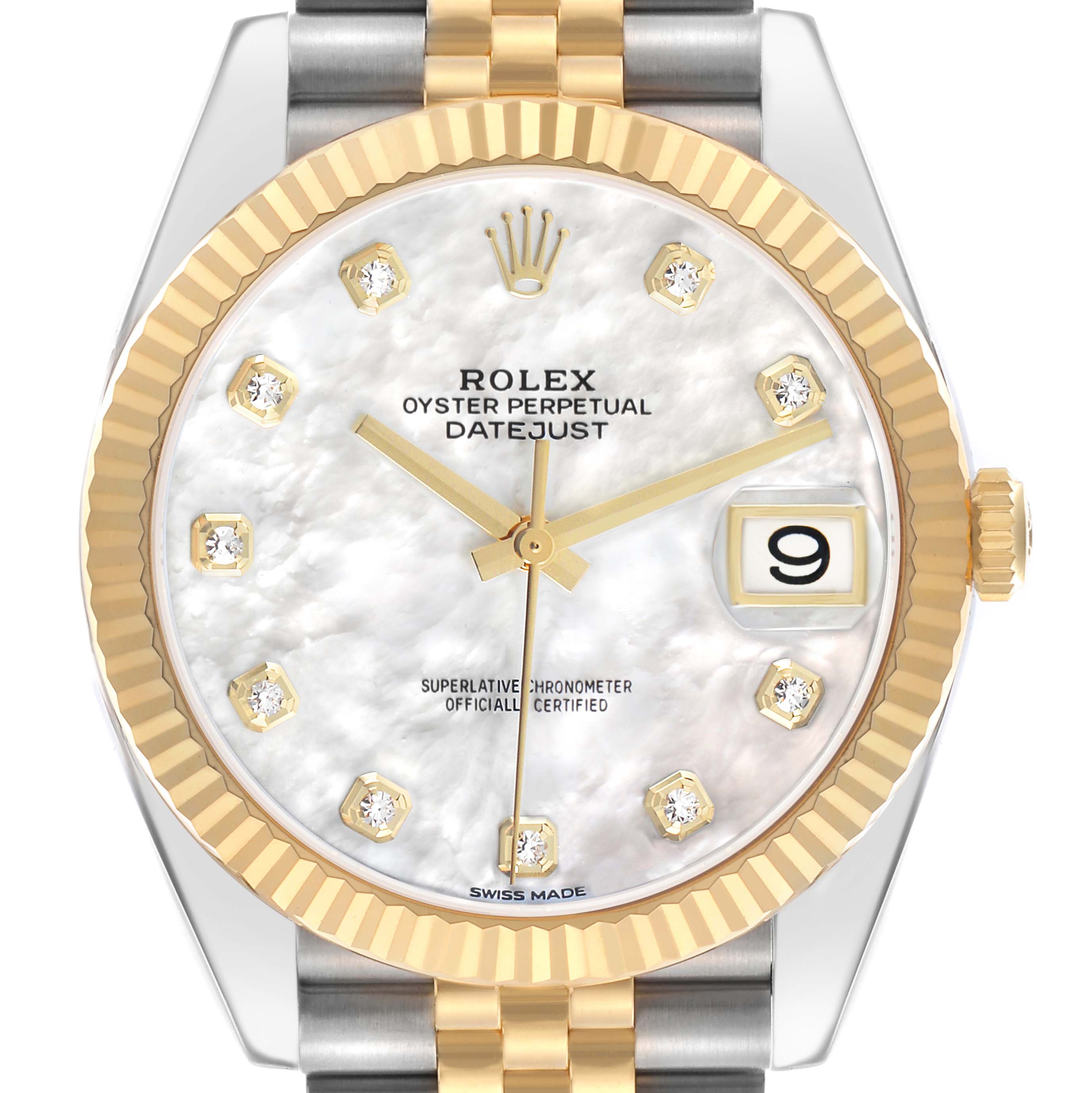 The Rolex Datejust 41 126333 Men's Steel and Gold (two tone) Mother of Pearl Dial is shown from the front, highlighting its mother-of-pearl dial, diamond hour markers, and two-tone bezel and bracelet.