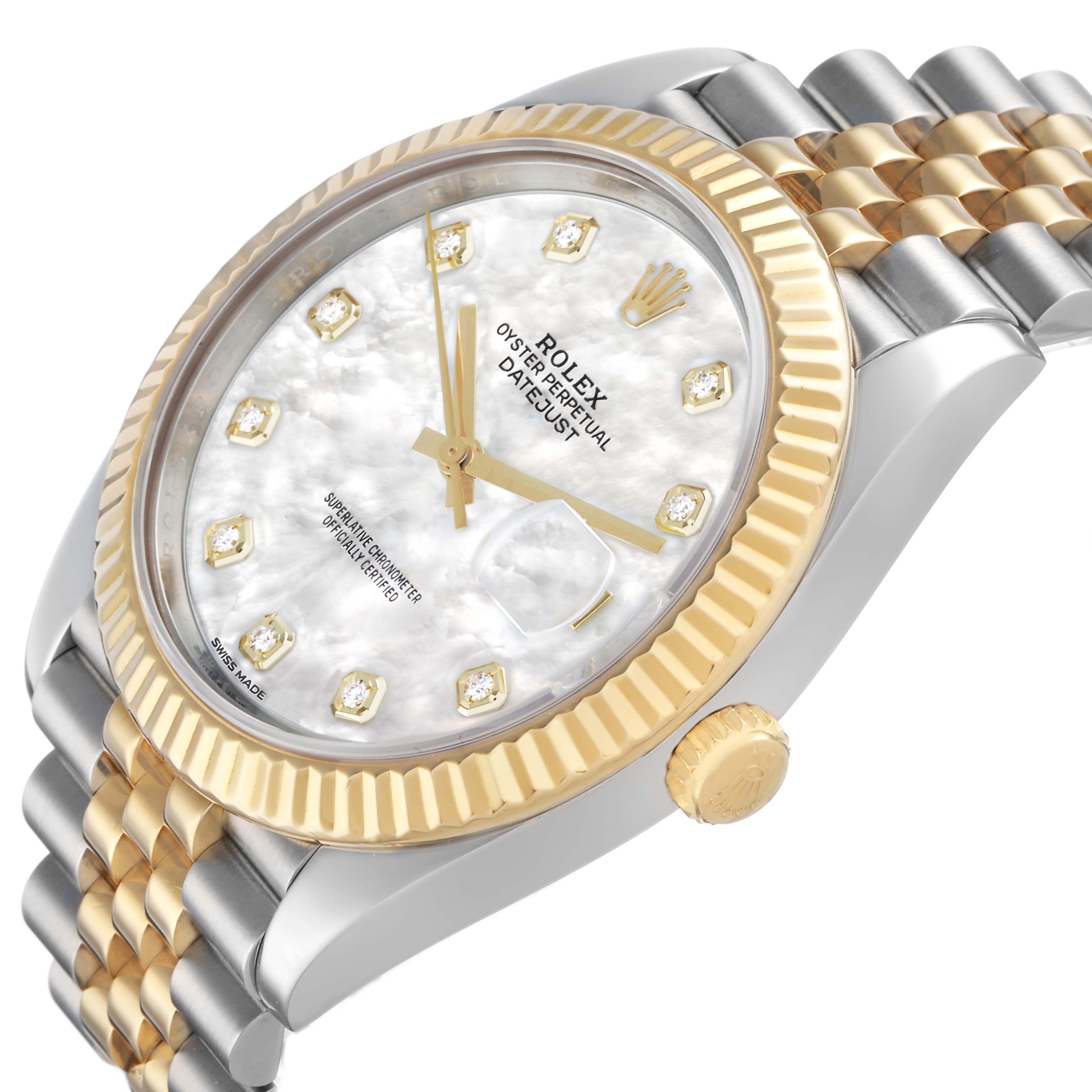 The Rolex Datejust 41 126333 Men's Steel and Gold (two tone) Mother of Pearl Dial is shown at a slight angle highlighting the dial, bezel, crown, and Jubilee bracelet.