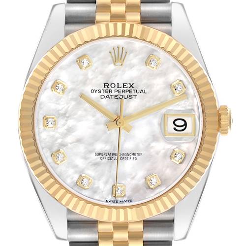 The Rolex Datejust 41 126333 Men's Steel and Gold (two tone) Mother of Pearl Dial is shown from a front angle, highlighting the dial, fluted bezel, and part of the bracelet.