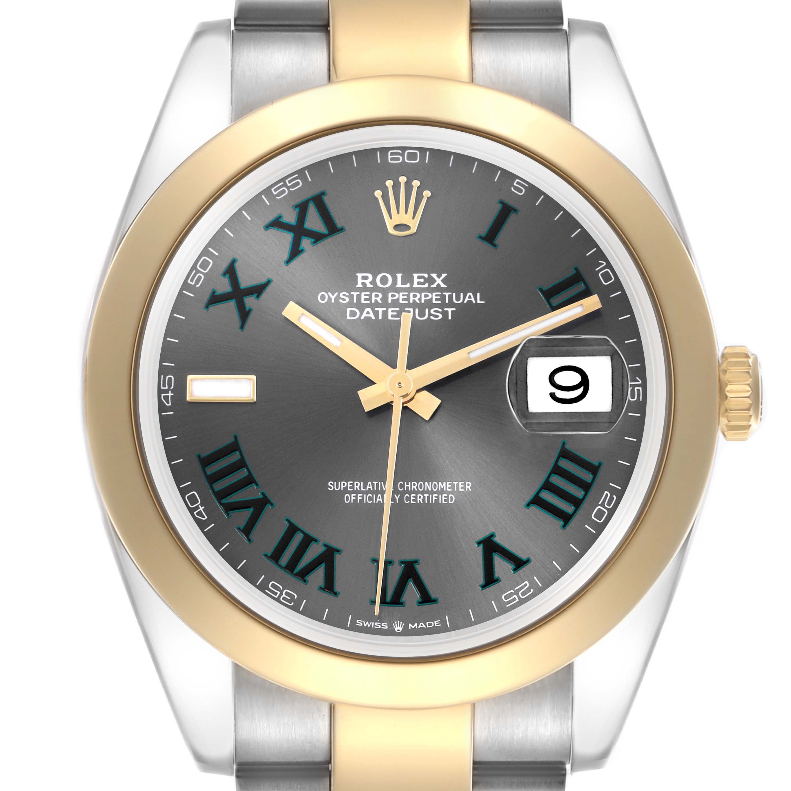 The image shows a frontal view of the Rolex Datejust 41 126303 Men's Steel and Gold (two tone) Grey Dial 126303 Men's Steel and Gold (two tone) Grey Dial, highlighting its dial, bezel, and part of the bracelet.
