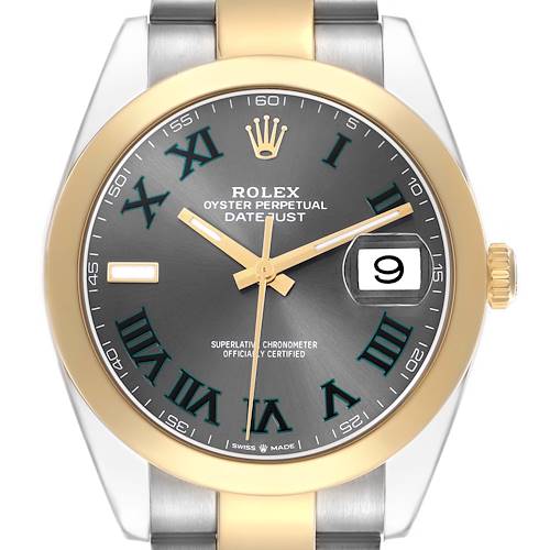 The Rolex Datejust 41 126303 Men's Steel and Gold (two tone) Grey Dial is shown from a front view, displaying its dial, bezel, and bracelet.