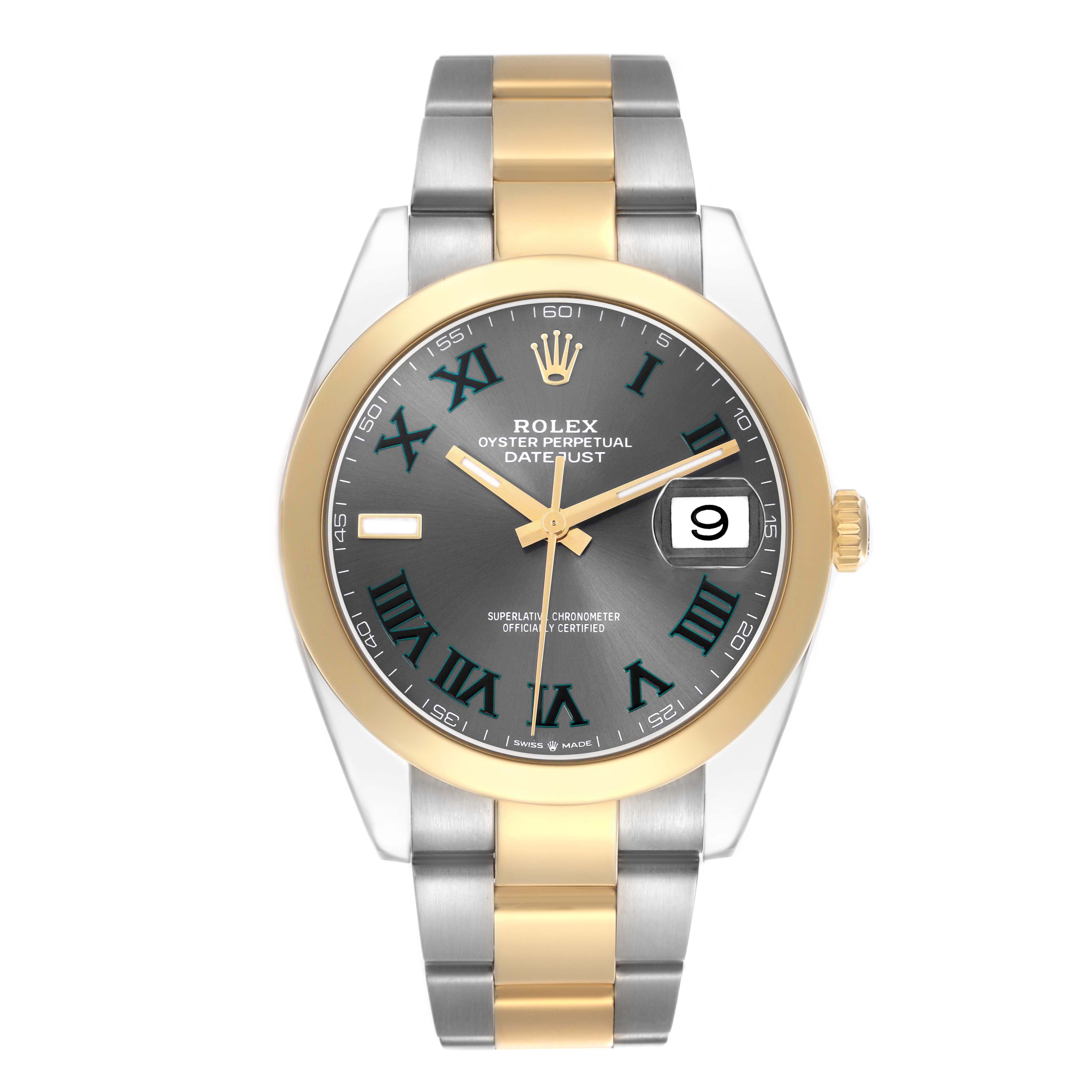 The Rolex Datejust 41 126303 Men's Steel and Gold (two tone) Grey Dial is shown from a front view, highlighting the dial, bezel, and two-tone bracelet.