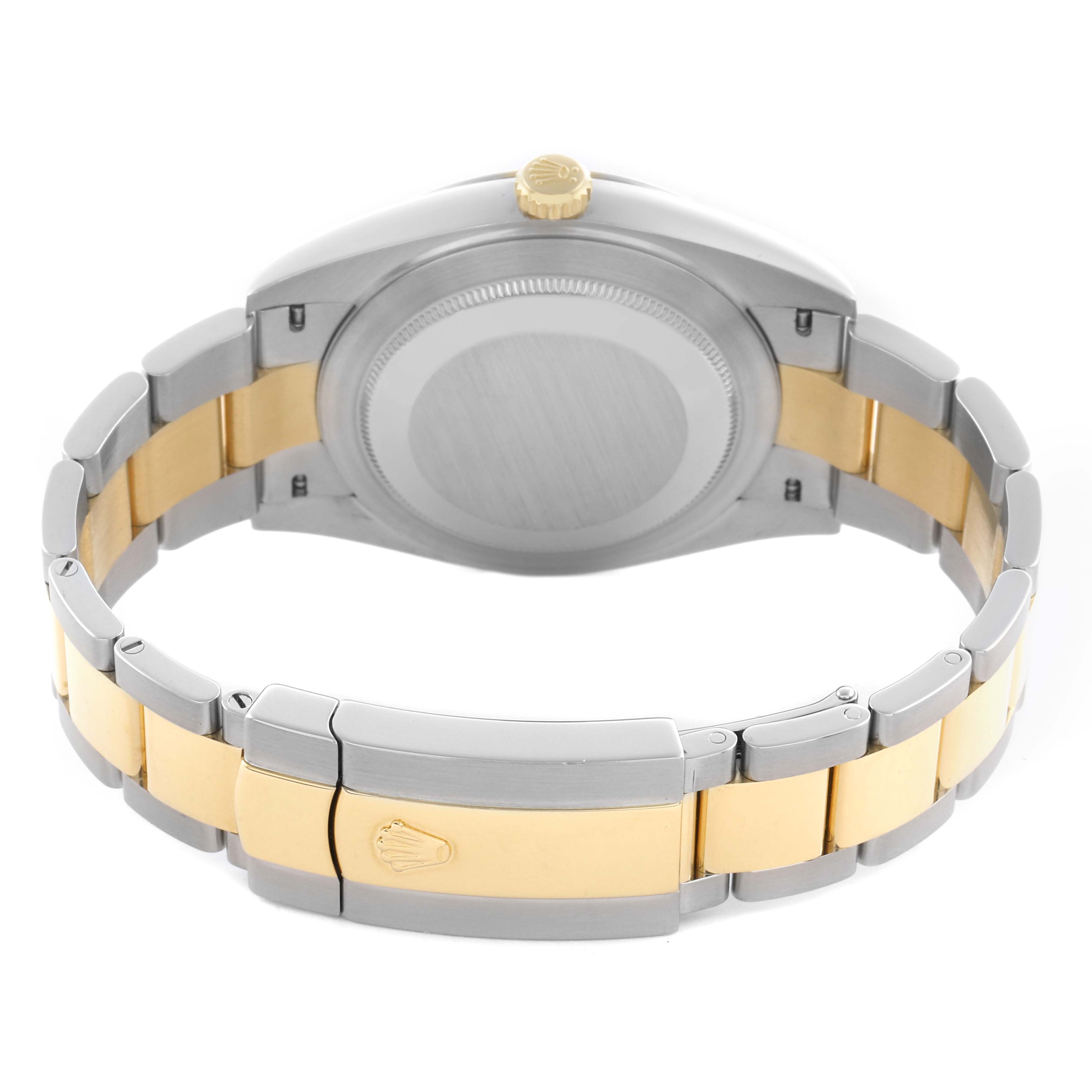 The watch is a Rolex Datejust 41 126303 Men's Steel and Gold (two tone) Grey Dial 126303 Men's Steel and Gold (two tone) Grey Dial shown from the back, highlighting the case back, bezel, crown, and two-tone bracelet clasp.