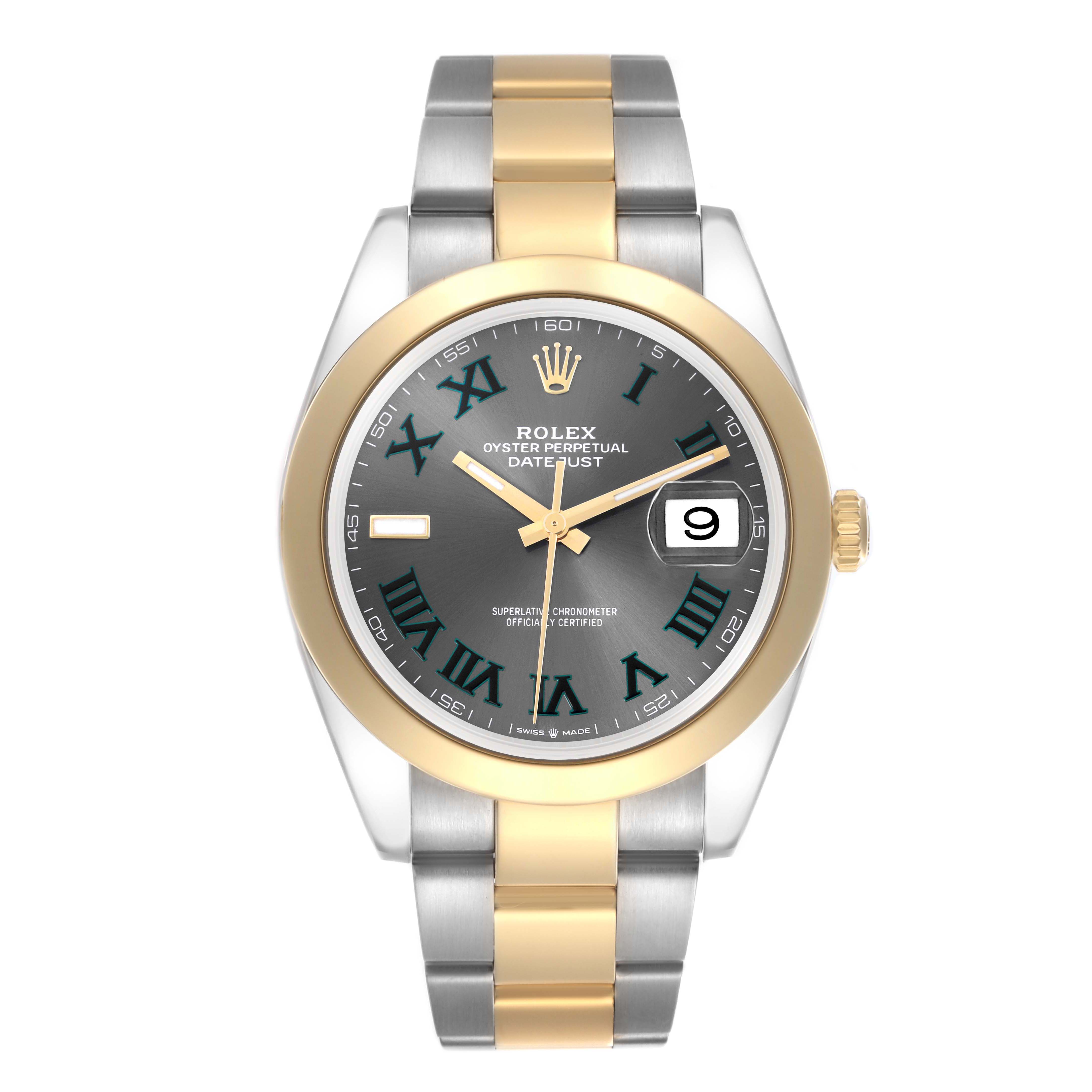 The Rolex Datejust 41 126303 Men's Steel and Gold (two tone) Grey Dial 126303 Men's Steel and Gold (two tone) Grey Dial watch is shown from a top-down angle, displaying its two-tone bracelet, bezel, and dial clearly.