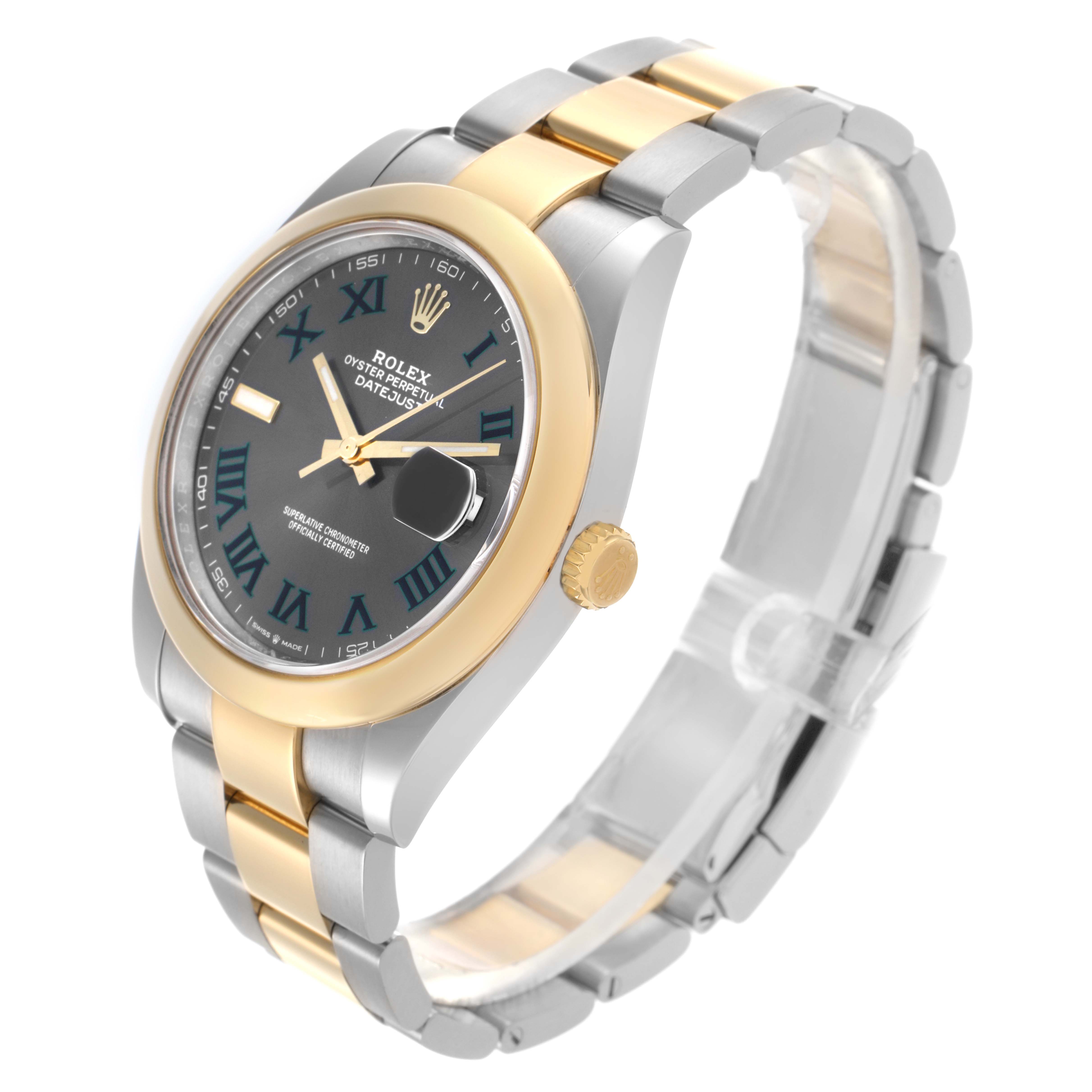 The Rolex Datejust 41 126303 Men's Steel and Gold (two tone) Grey Dial 126303 Men's Steel and Gold (two tone) Grey Dial watch is shown at a three-quarter angle, highlighting the dial, bezel, bracelet, and crown.