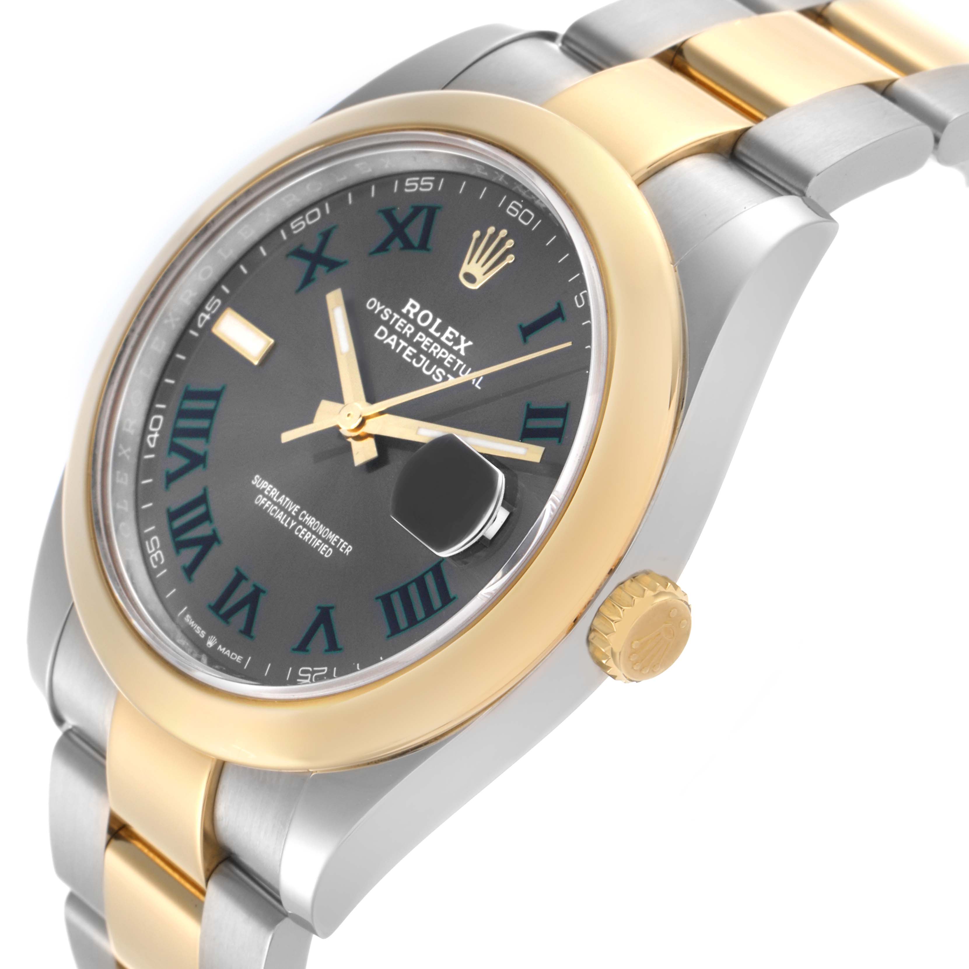 The Rolex Datejust 41 126303 Men's Steel and Gold (two tone) Grey Dial 126303 Men's Steel and Gold (two tone) Grey Dial is shown from an angled view highlighting the face, bezel, crown, and band.
