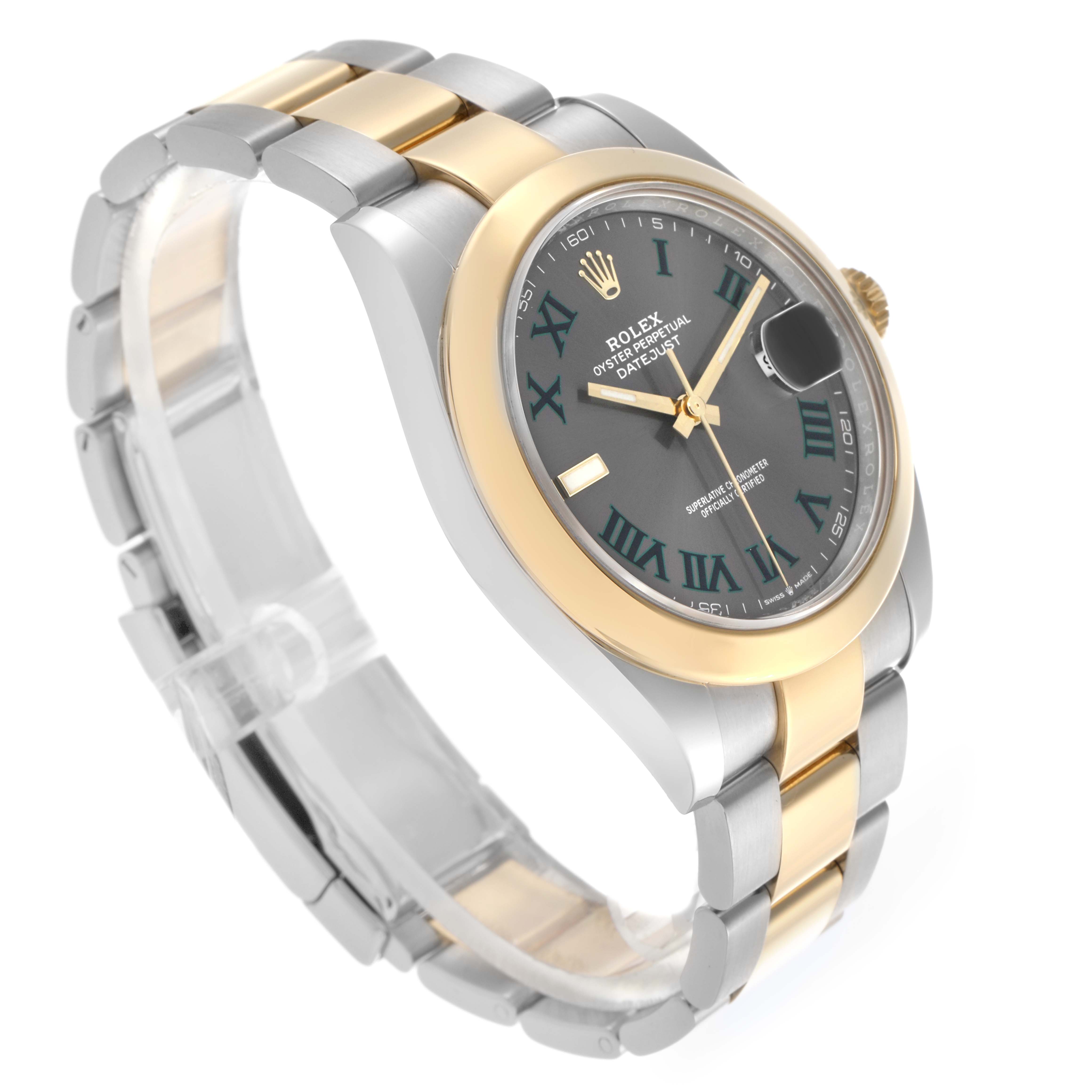 The Rolex Datejust 41 126303 Men's Steel and Gold (two tone) Grey Dial 126303 Men's Steel and Gold (two tone) Grey Dial watch is shown at an angled side view, highlighting the two-tone bracelet, bezel, and black dial.