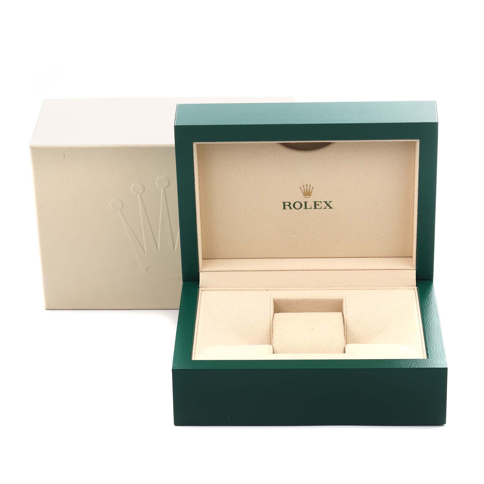 The image shows a Rolex Datejust 41 126303 Men's Steel and Gold (two tone) Grey Dial 126303 Men's Steel and Gold (two tone) Grey Dial watch box and outer box, open with no watch visible.