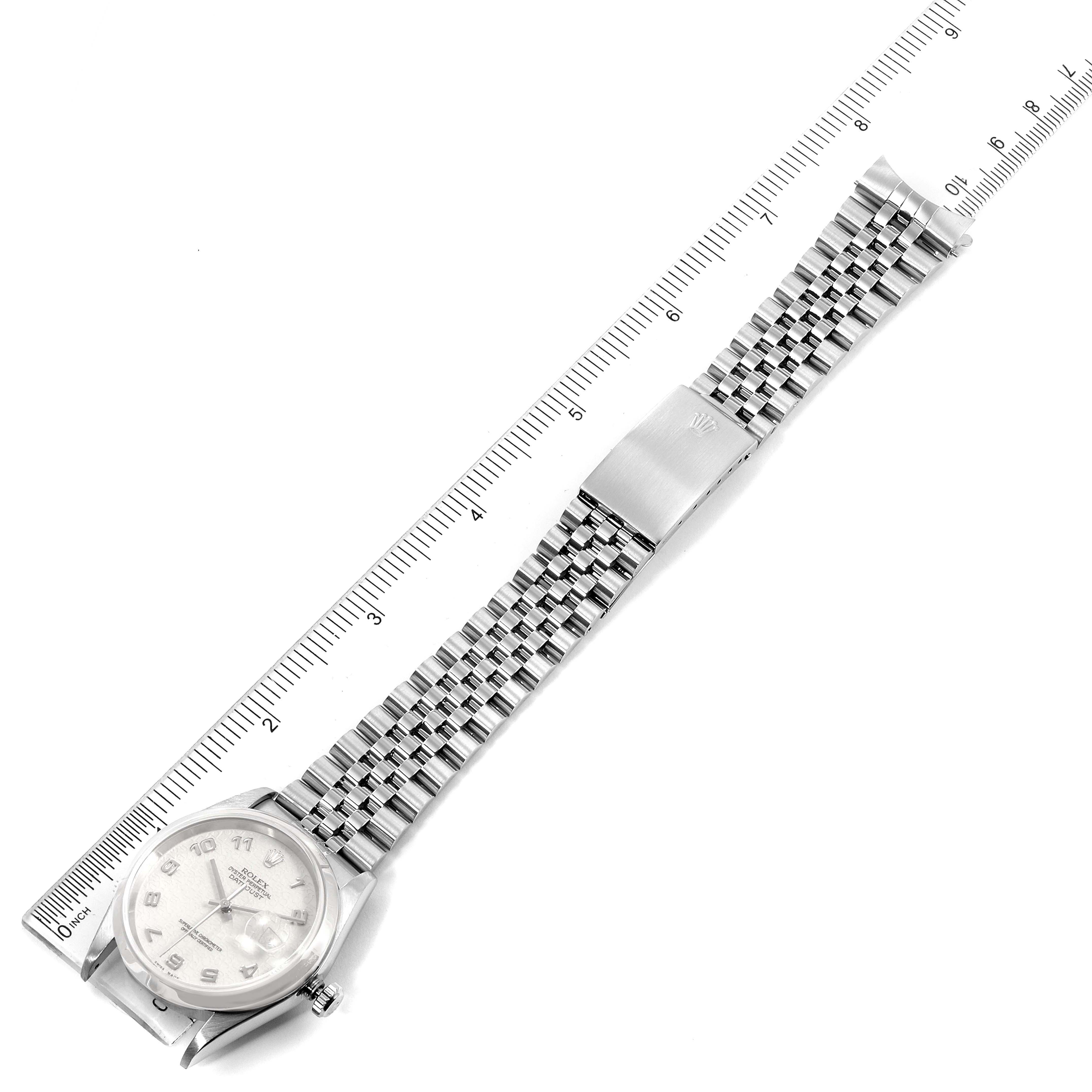 The Rolex Datejust 16200  Men's Stainless Steel Silver Dial 16200  Men's Stainless Steel Silver Dial watch is shown from a top-down angle, displaying the face, bracelet, and clasp.