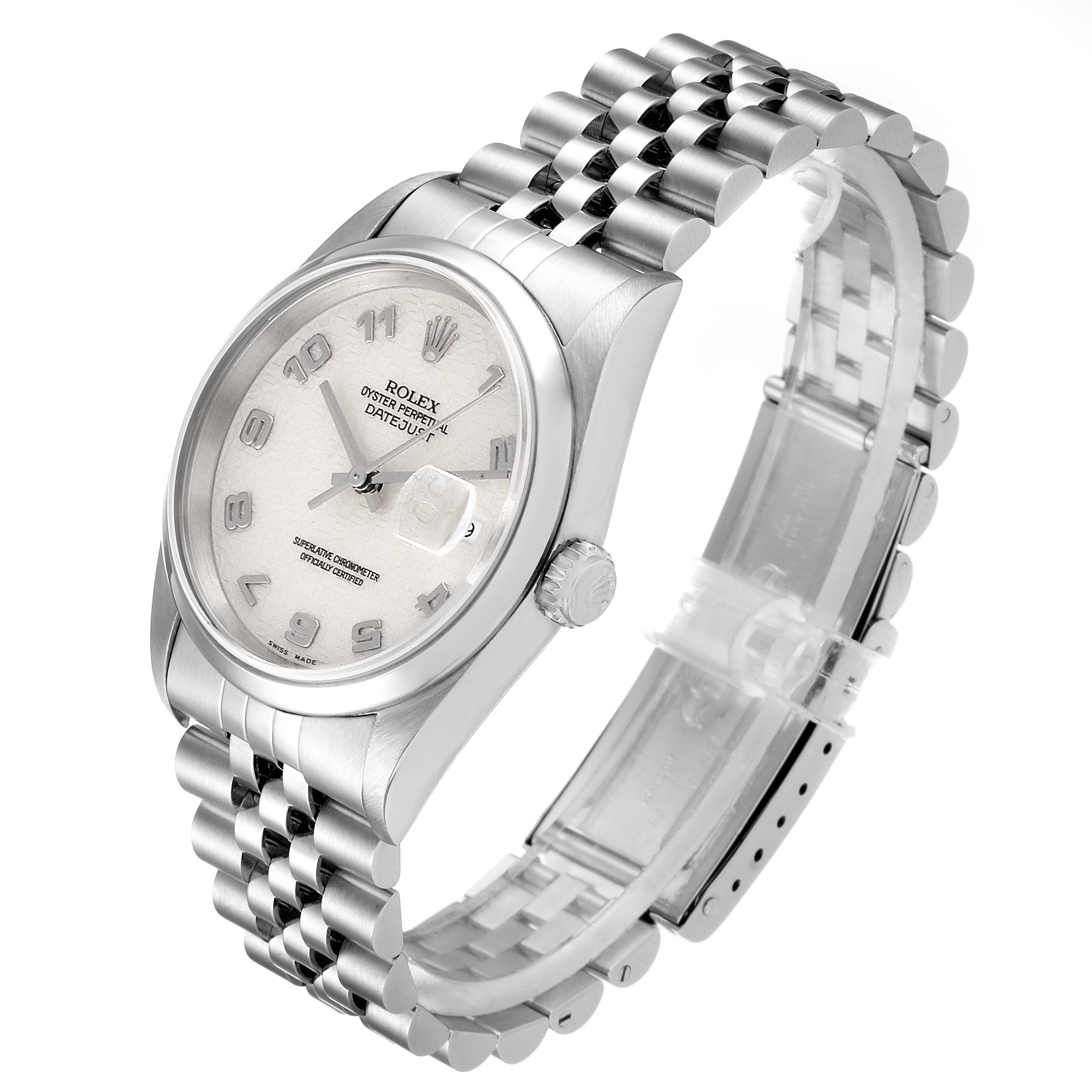 The image shows a Rolex Datejust 16200  Men's Stainless Steel Silver Dial 16200  Men's Stainless Steel Silver Dial watch at a three-quarter angle, revealing the face, crown, and bracelet.