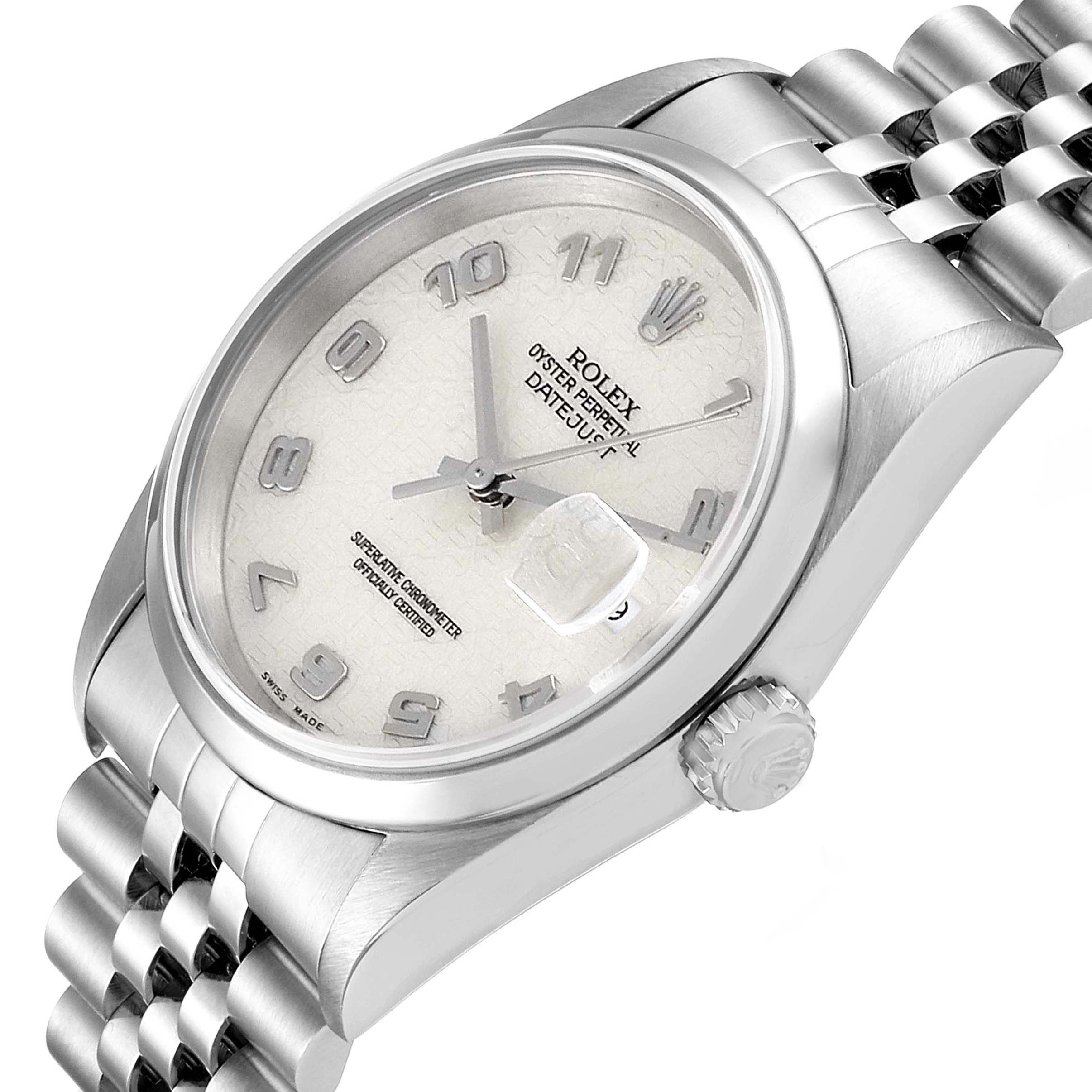 The image shows a close-up, angled view of the Rolex Datejust 16200  Men's Stainless Steel Silver Dial 16200  Men's Stainless Steel Silver Dial model, highlighting the watch face, bezel, crown, and bracelet.
