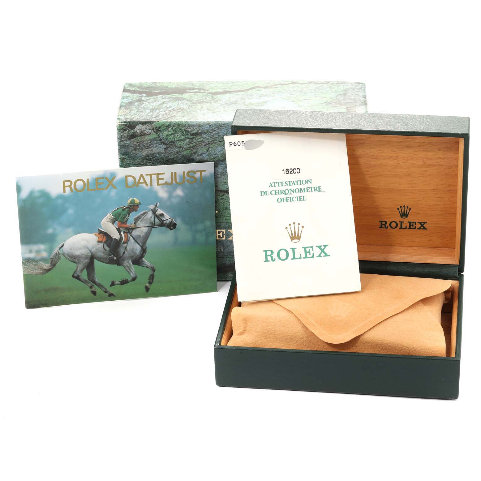 The image shows a Rolex Datejust 16200  Men's Stainless Steel Silver Dial 16200  Men's Stainless Steel Silver Dial model watch box, booklet, and official chronometer certification, viewed from a front angle.