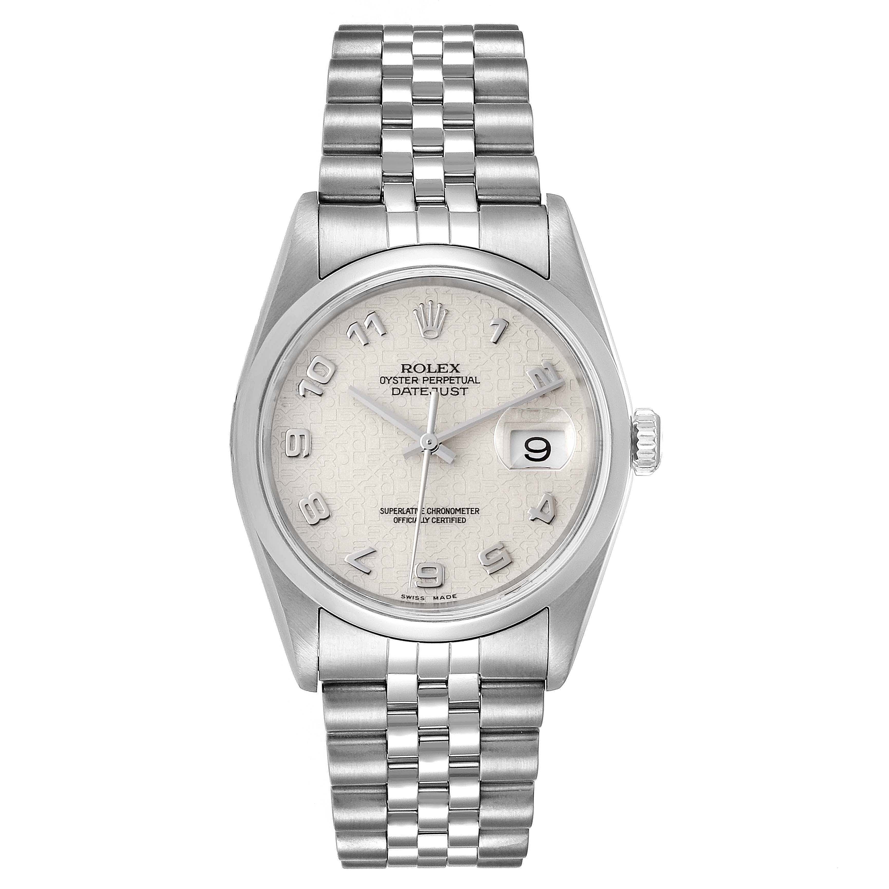 The image shows the Rolex Datejust 16200  Men's Stainless Steel Silver Dial 16200  Men's Stainless Steel Silver Dial watch from a front angle, including the dial, case, bracelet, and date window.